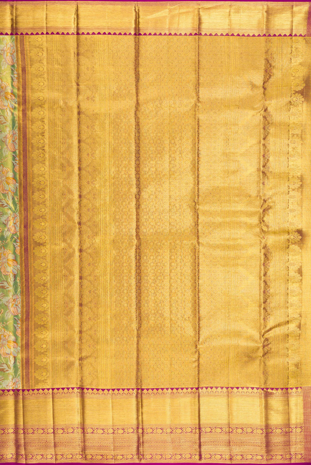 Close up image of the pallu of Pure Silk Pista Green Dual Tone Kanchipuram Tissue Saree with Zari Brocade on the body and Zari Border. 