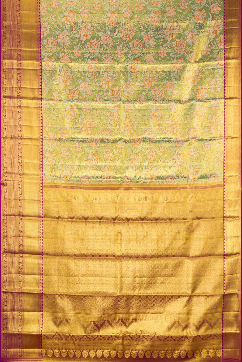 Flat view of Pure Silk Pista Green Dual Tone Kanchipuram Tissue Saree with Zari Brocade on the body and Zari Border. 
