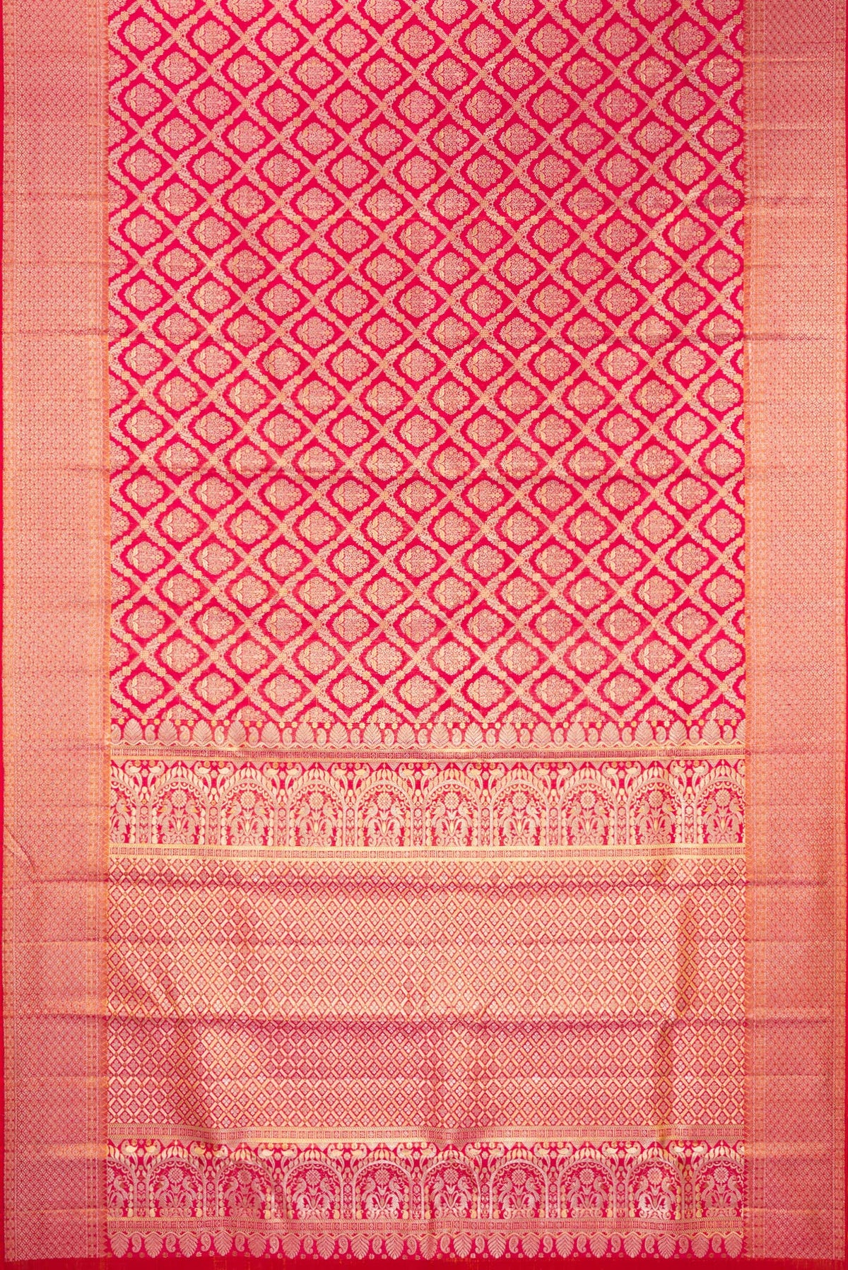 Flat view of Dark Pink Dual Tone Kanchipuram Tissue Saree with Zari Brocade on the body and Fancy Border. 
