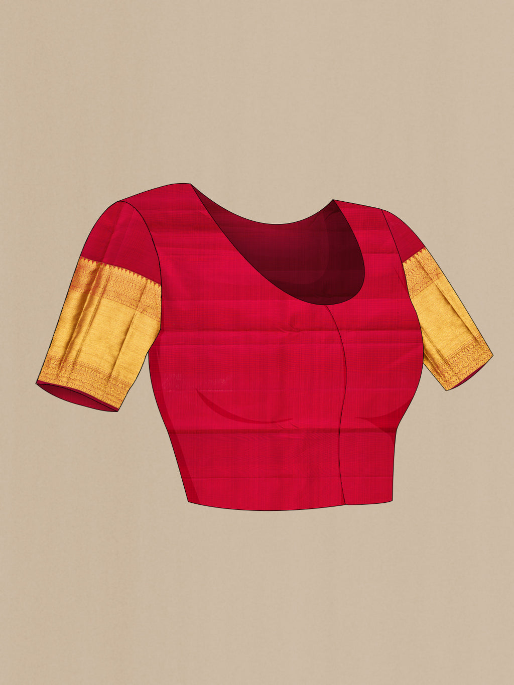 Close up image of the blouse of Pure Silk Green with Red Color Kanchipuram Saree with Zari Butta on the body and Zari Border. 