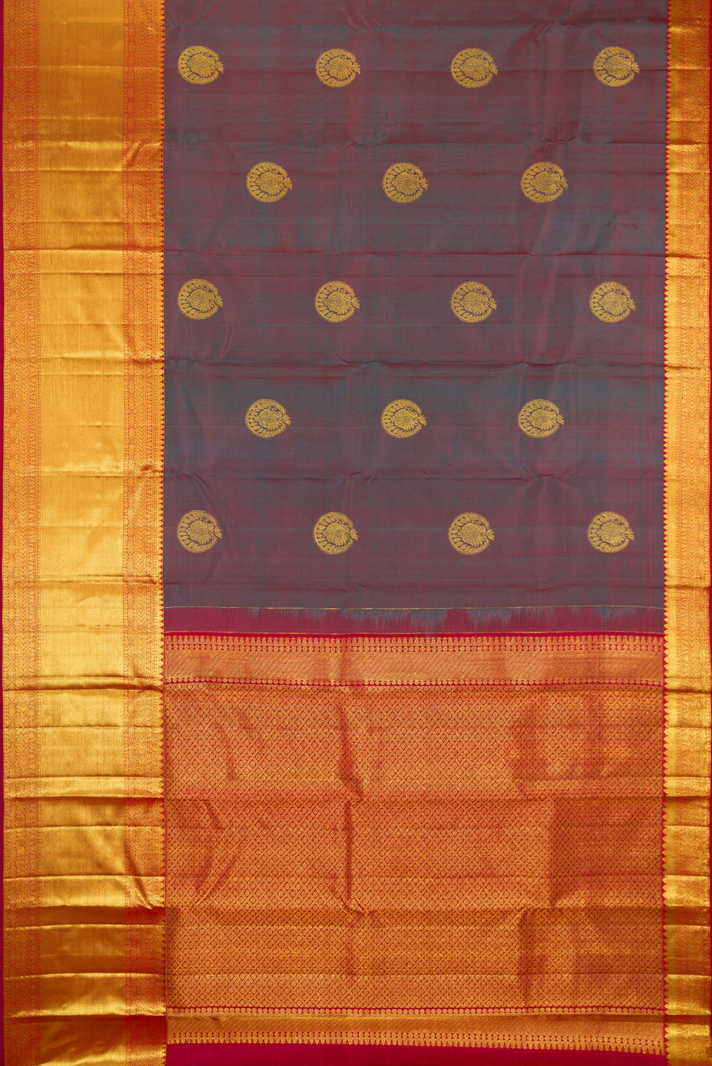 Flat view of Pure Silk Green with Red Color Kanchipuram Saree with Zari Butta on the body and Zari Border. 