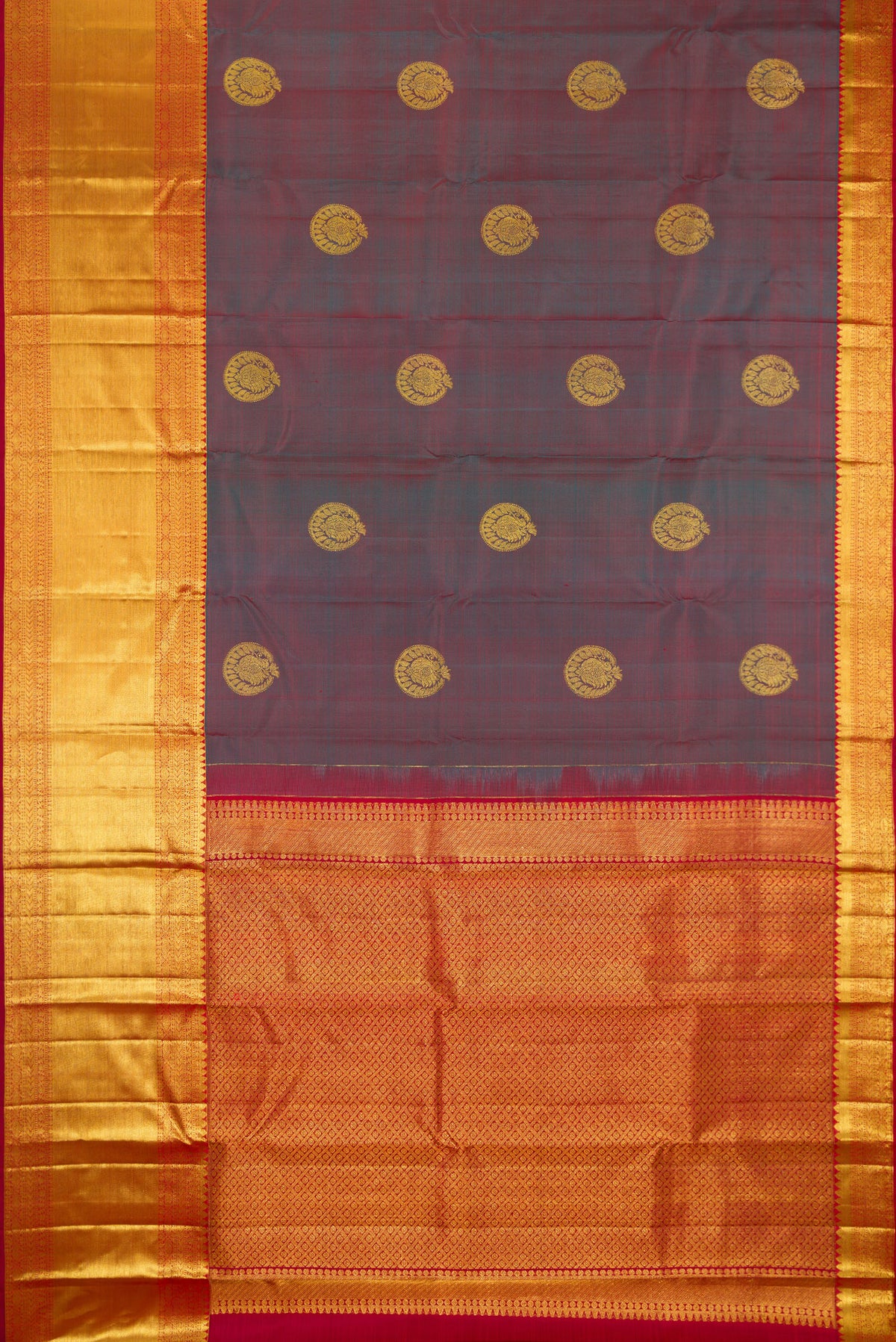 Flat view of Pure Silk Green with Red Color Kanchipuram Saree with Zari Butta on the body and Zari Border. 