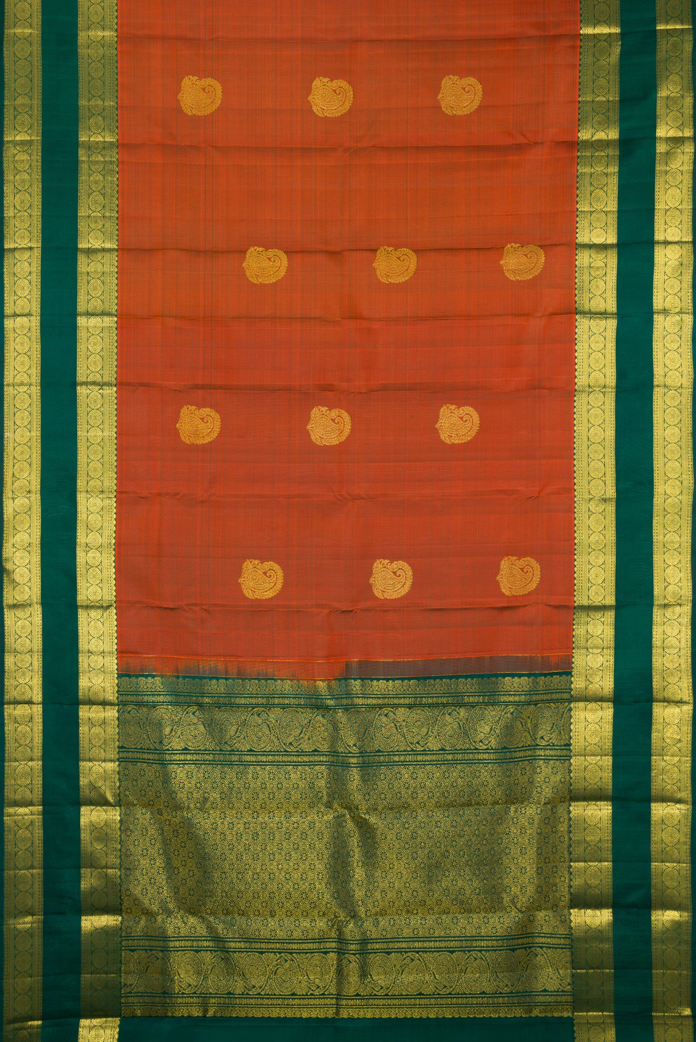 Flat view of Pure Silk Rust Kanchipuram Saree with Zari Butta on the body and Zari Border. 