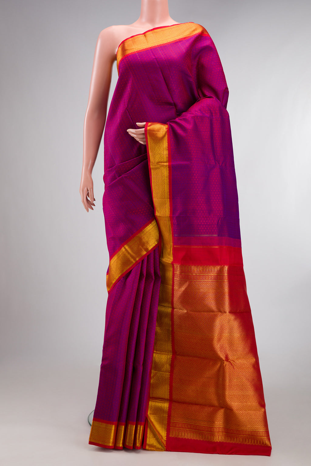 Pure Silk Purple Dual Tone Kanchipuram Saree with Jacquard design on the body and Zari Border.  displayed on a mannequin