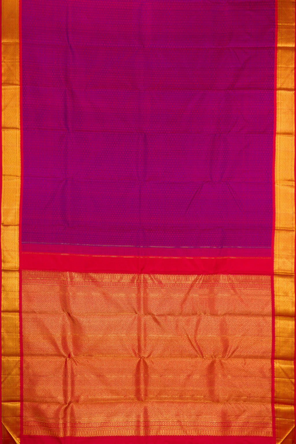 Flat view of Pure Silk Purple Dual Tone Kanchipuram Saree with Jacquard design on the body and Zari Border. 
