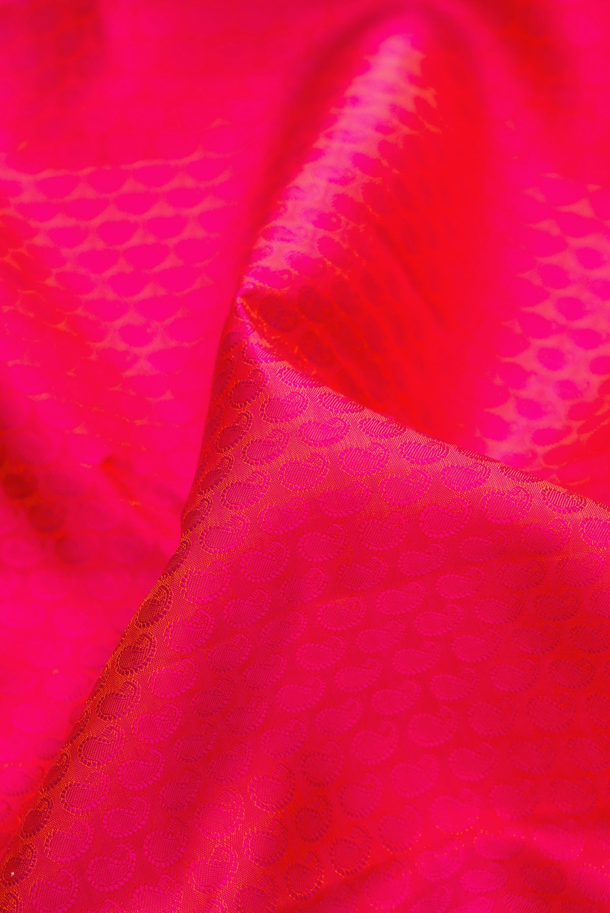 Close up of Pure Silk Pink Dual Tone Kanchipuram Saree with Jacquard design on the body and Zari Border.  displaying folds