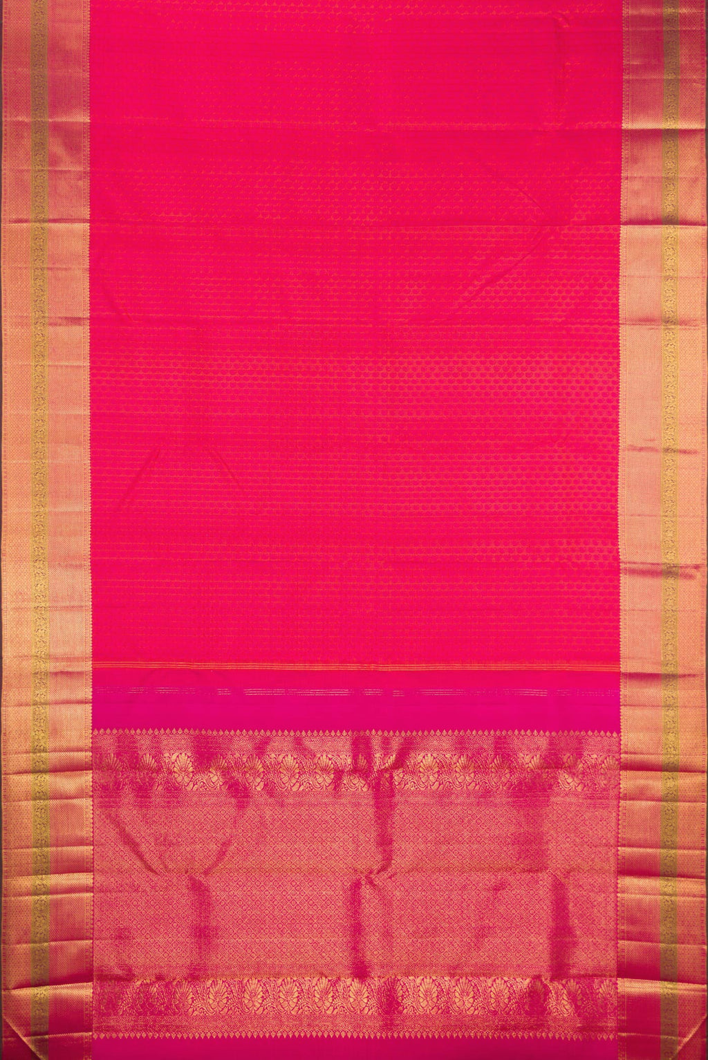Flat view of Pure Silk Pink Dual Tone Kanchipuram Saree with Jacquard design on the body and Zari Border. 