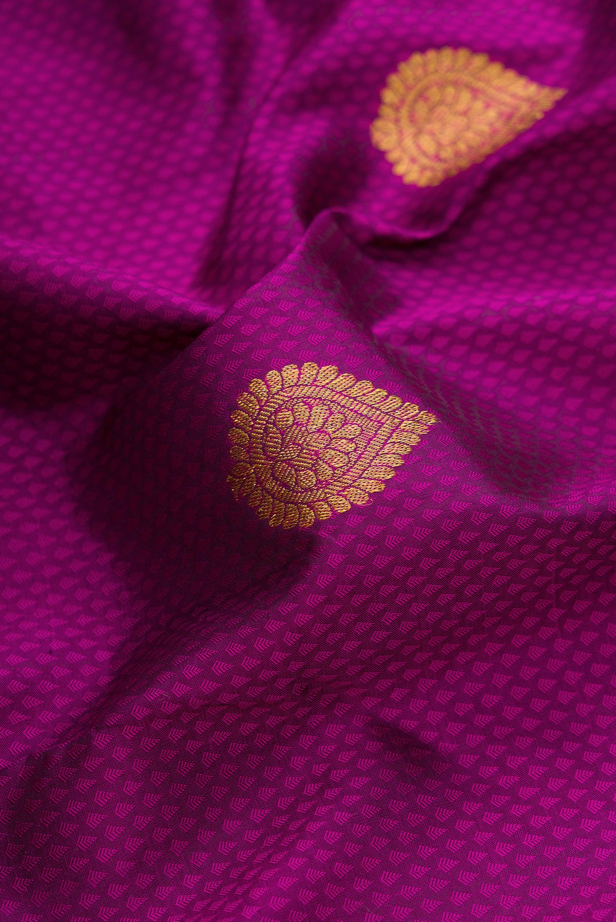 Close up of Pure Silk Magenta Kanchipuram Saree with Jacquard With Zari Butta on the body and Zari Border.  displaying folds