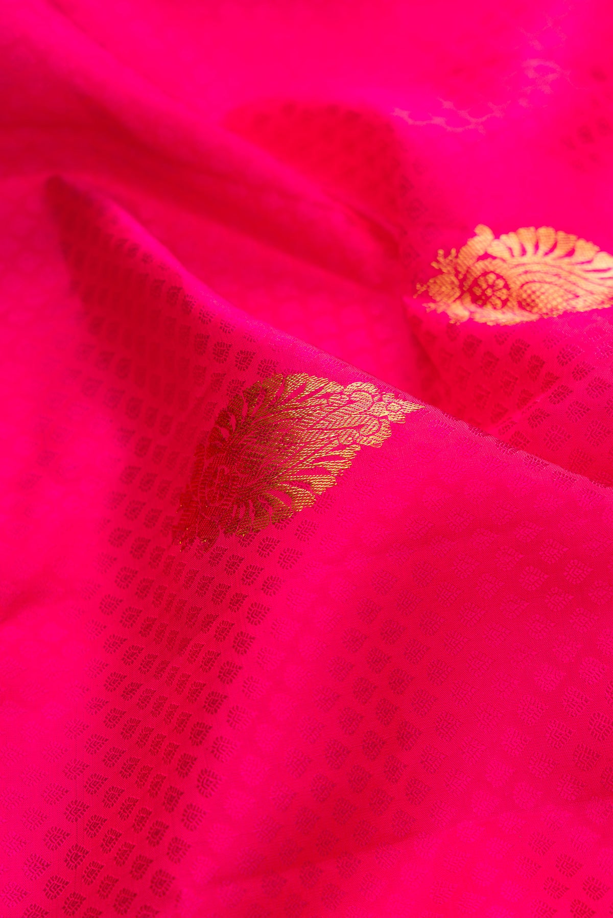 Close up of Pure Silk Pink Dual Tone Kanchipuram Saree with Jacquard With Zari Butta on the body and Fancy Border.  displaying folds