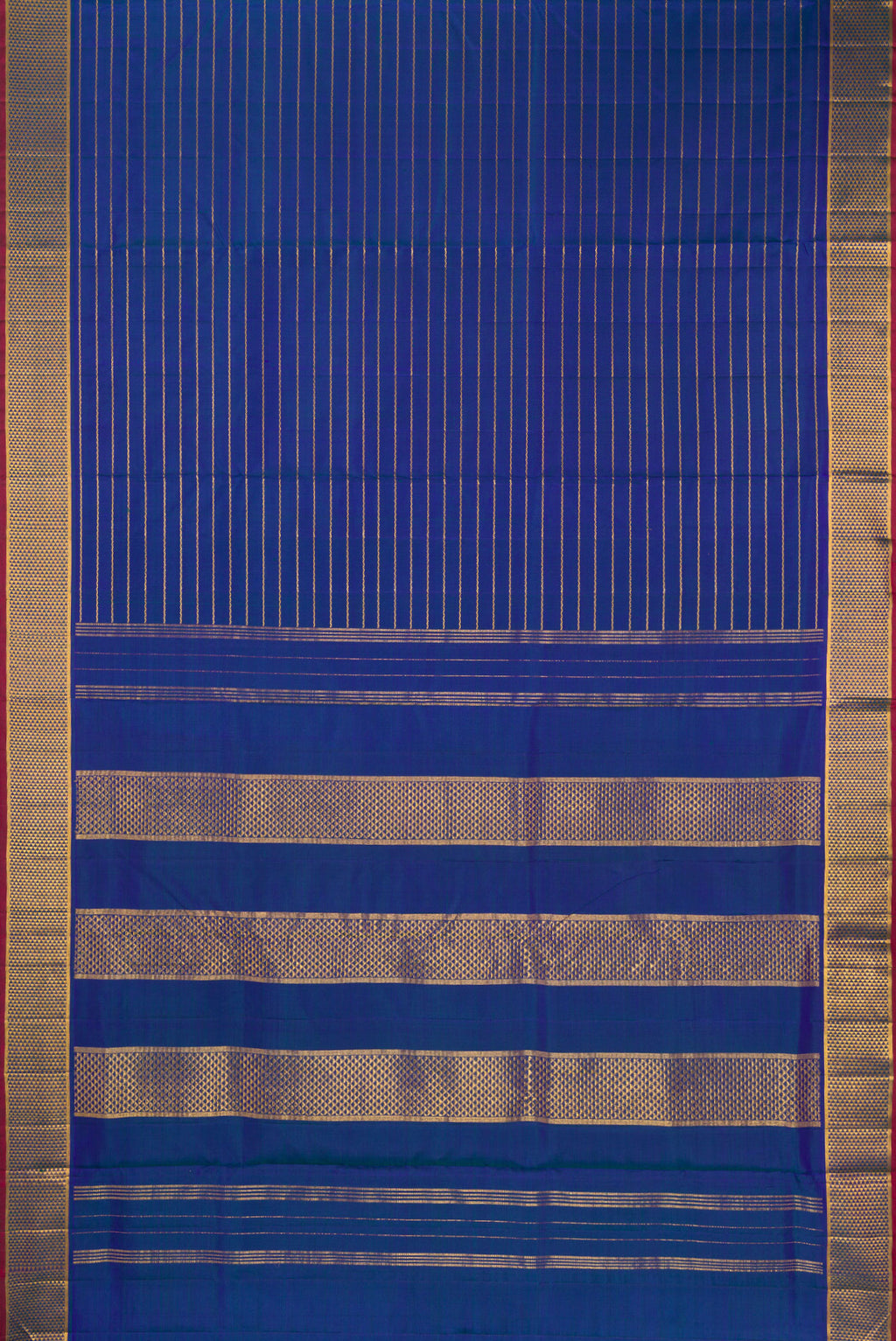 Flat view of Pure Silk Peacock Blue Dual Tone Kanjivaram Nine Yards Saree with Veldhari on the body and Zari Border. 