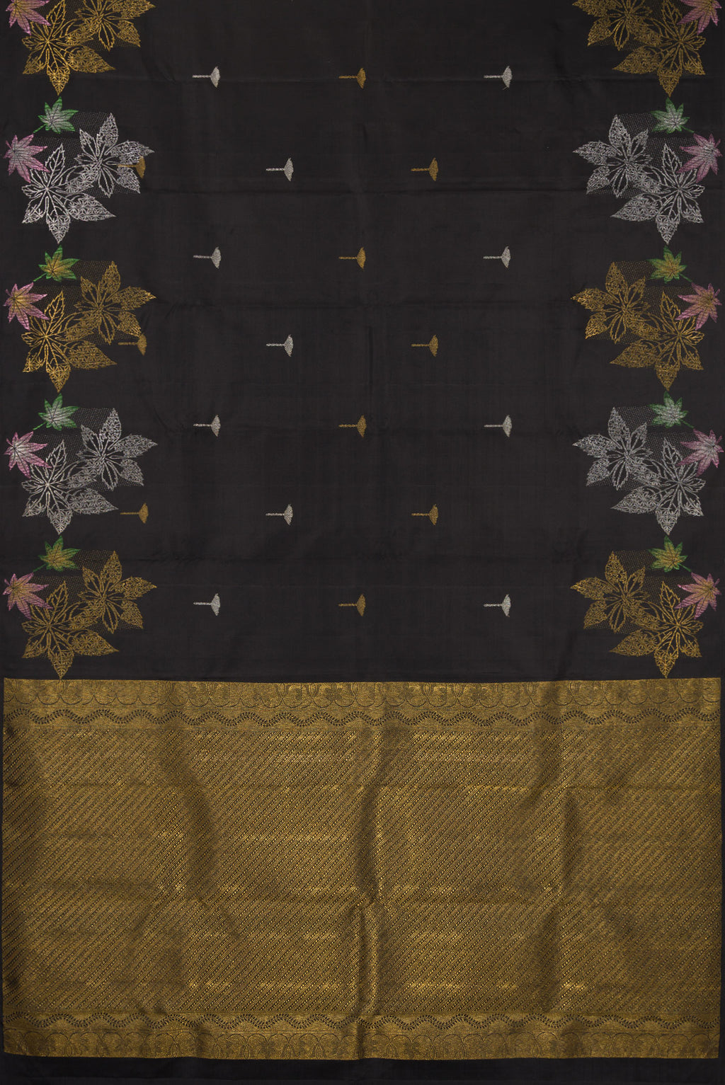 Flat view of Pure Silk Black Kanchipuram Saree with Zari Butta on the body and Without Border. 