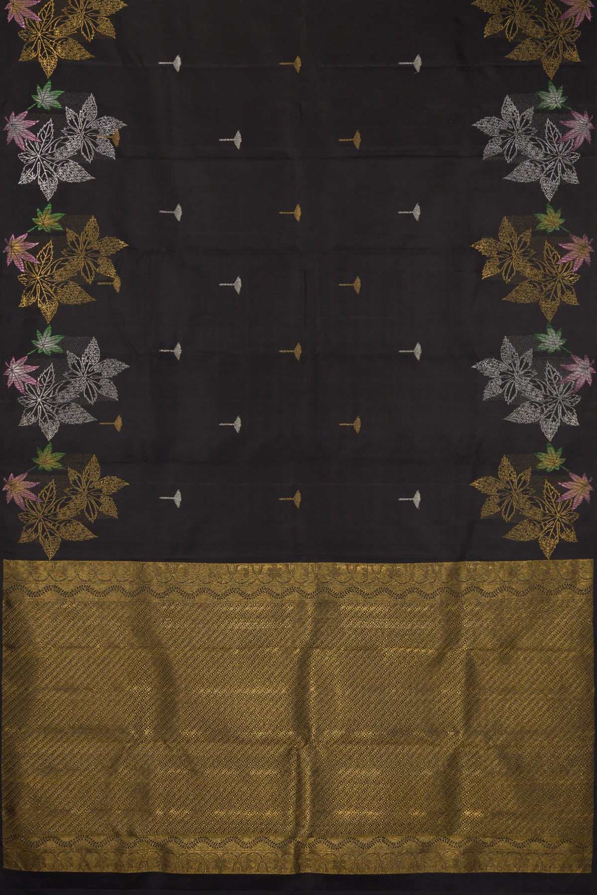 Flat view of Pure Silk Black Kanchipuram Saree with Zari Butta on the body and Without Border. 
