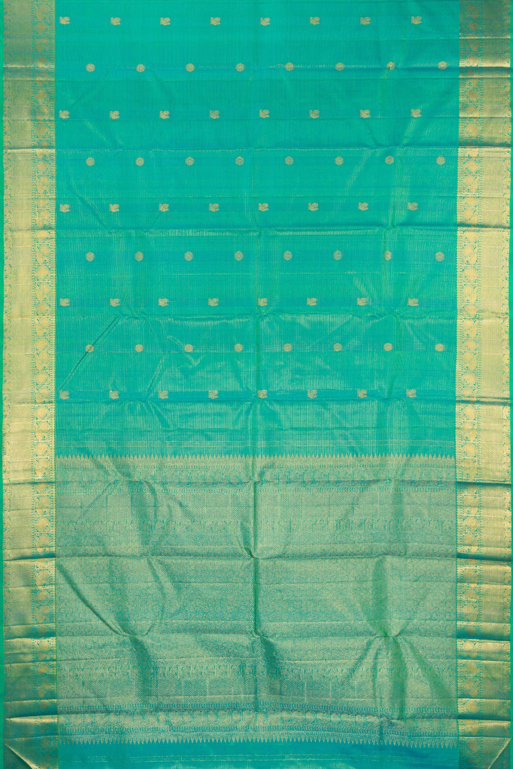 Flat view of Pure Silk Turquoise Kanjivaram Saree with Zari Butta on the body and Zari Border. 