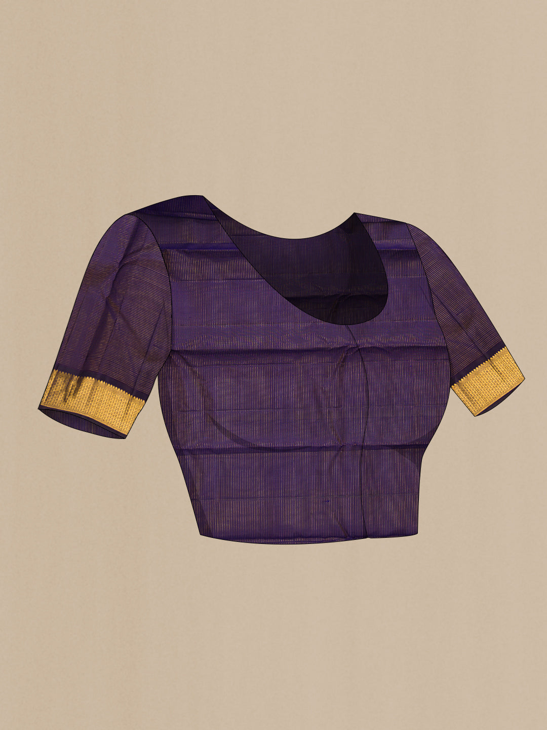 Close up image of the blouse of Pure Silk Peacock Blue Kanjivaram Saree with Stripes on the body and Zari Border. 