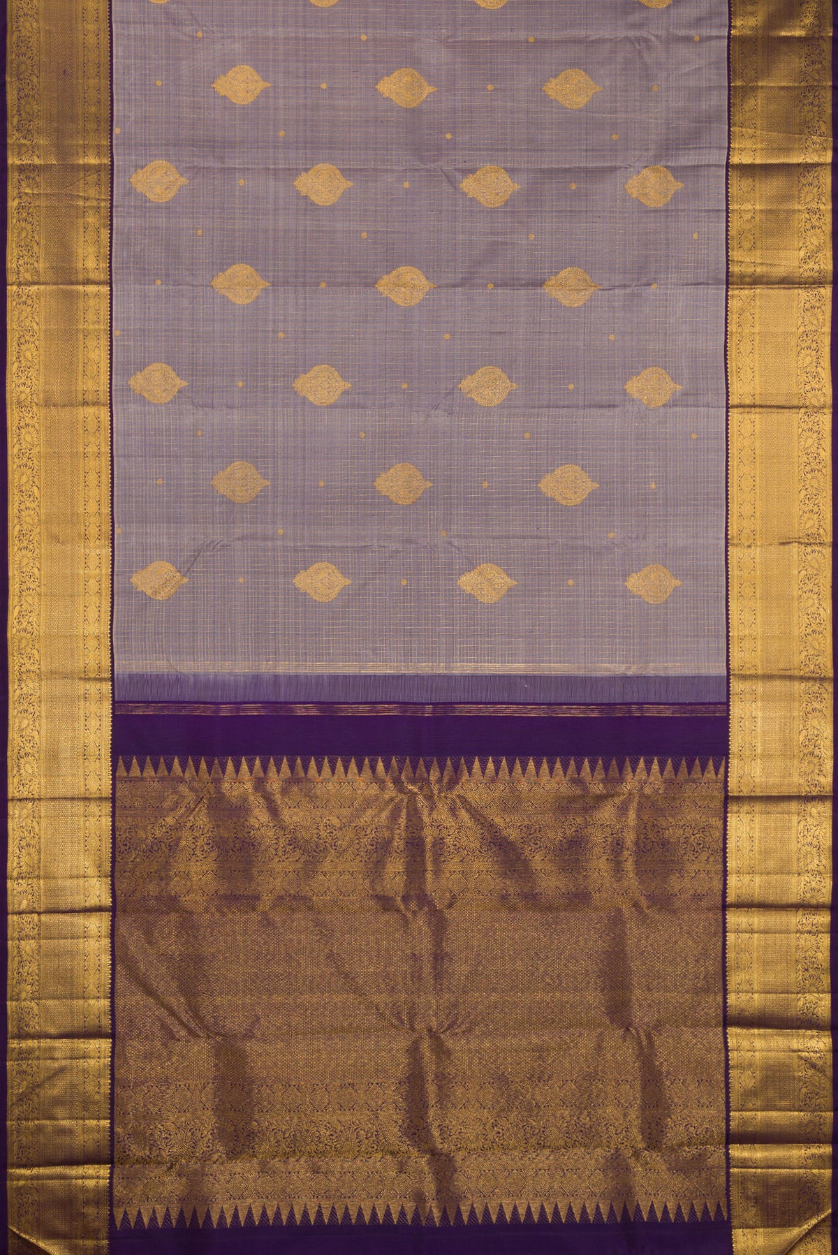 Flat view of Pure Silk Lilac Dual Tone Kanjivaram Saree with Zari Butta on the body and Zari Border. 