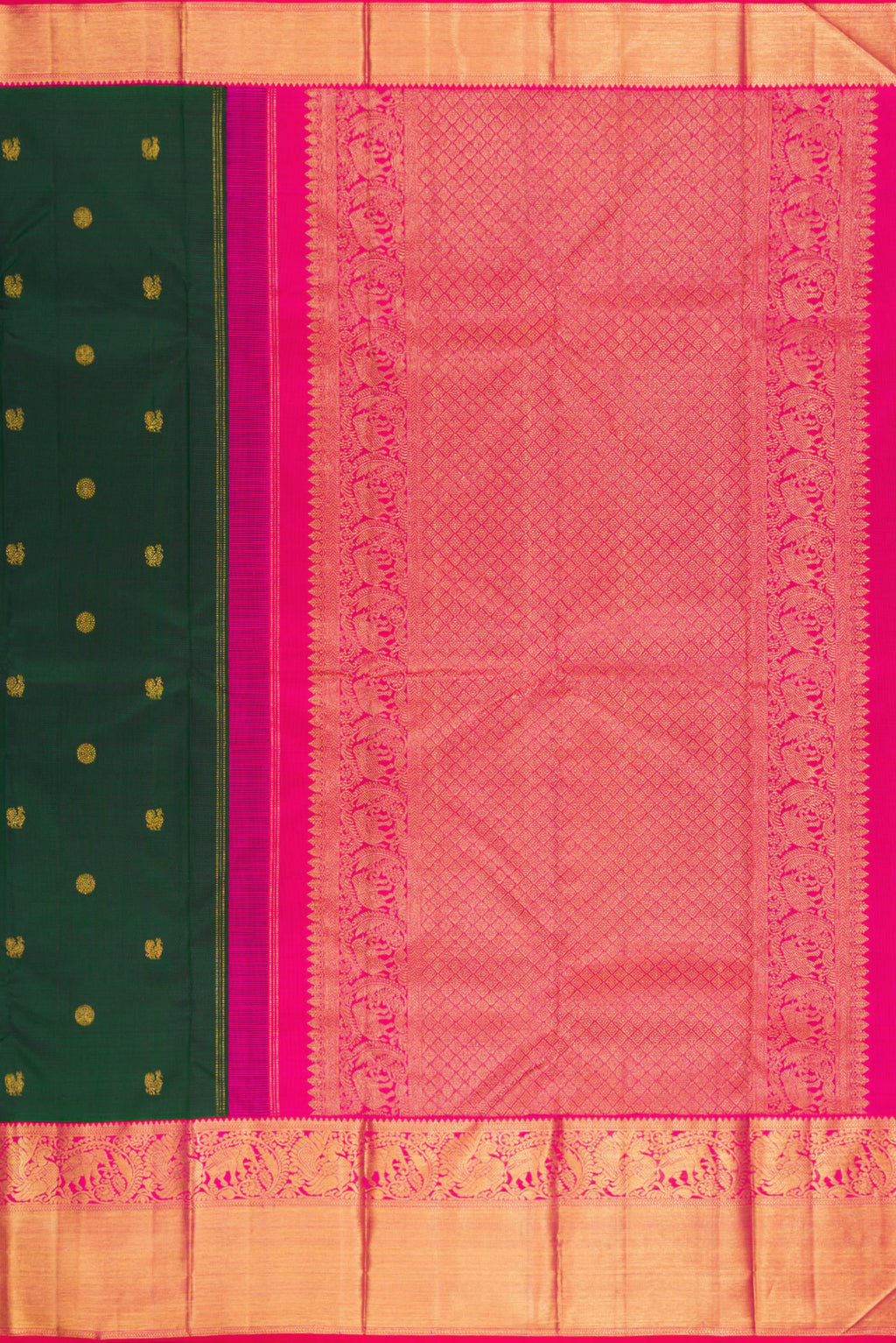 Close up image of the pallu of Pure Silk Bottle Green Kanjivaram Saree with Zari Butta on the body and Zari Border. 