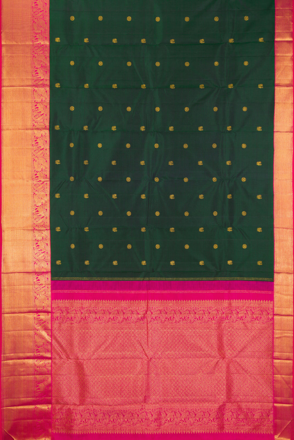 Flat view of Pure Silk Bottle Green Kanjivaram Saree with Zari Butta on the body and Zari Border. 
