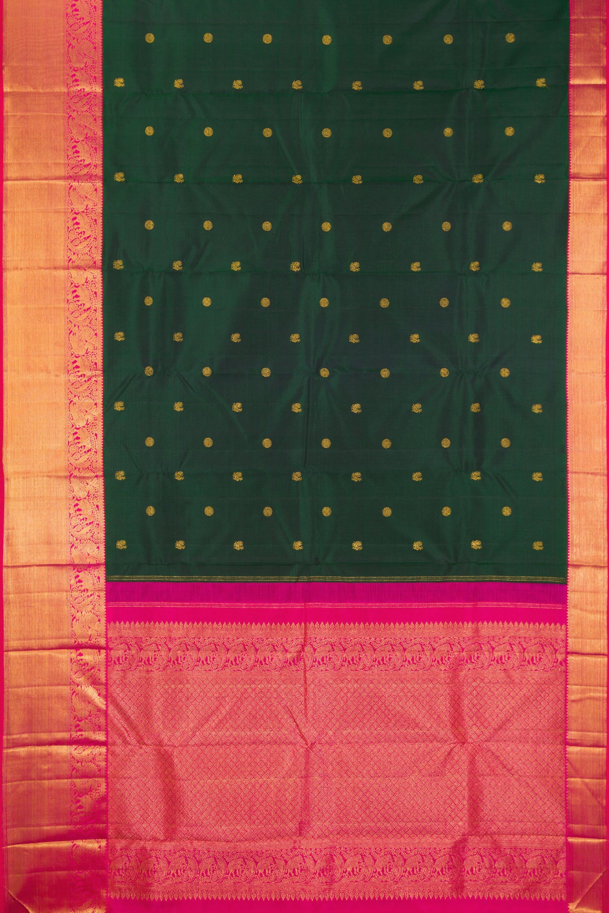 Flat view of Pure Silk Bottle Green Kanjivaram Saree with Zari Butta on the body and Zari Border. 