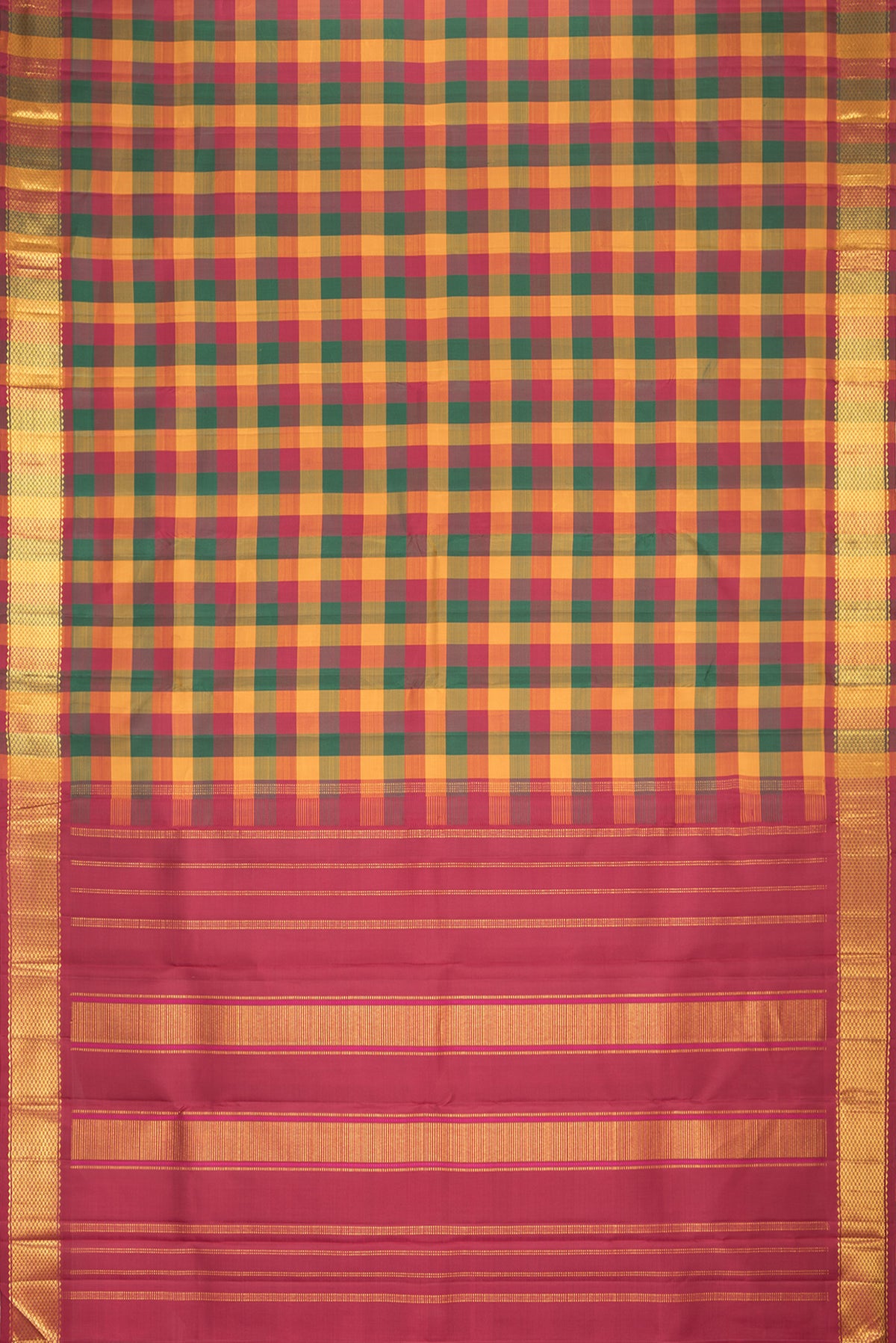 Flat view of Pure Silk Multi Color Kanchipuram Saree with Checked design on the body and Zari Border. 