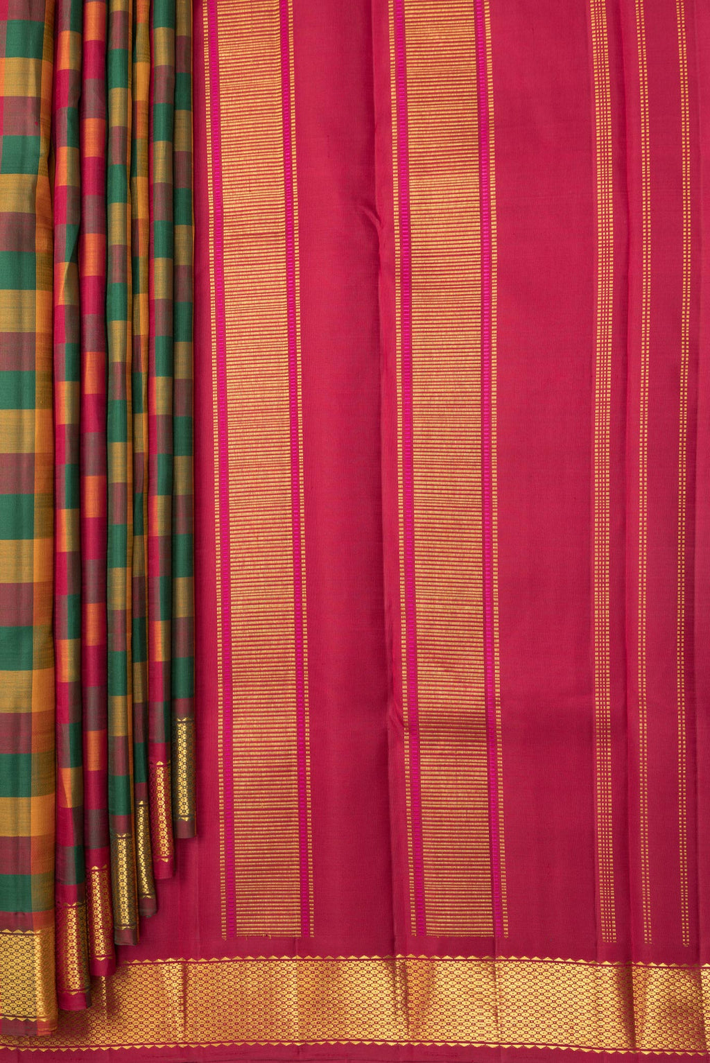 Pleats and pallu of Pure Silk Multi Color Kanchipuram Saree with Checked design on the body and Zari Border. 