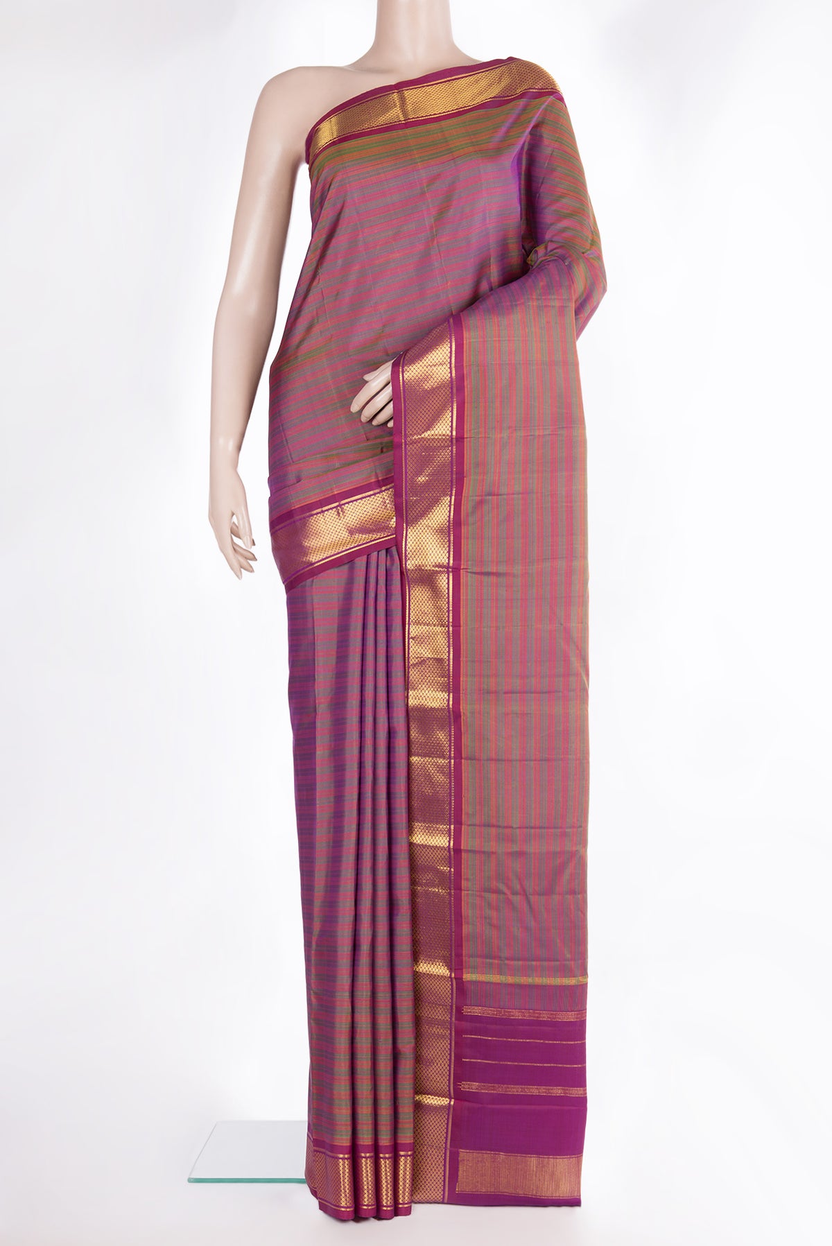 Pure Silk Multi Color Kanchipuram Saree with Stripes on the body and Zari Border.  displayed on a mannequin