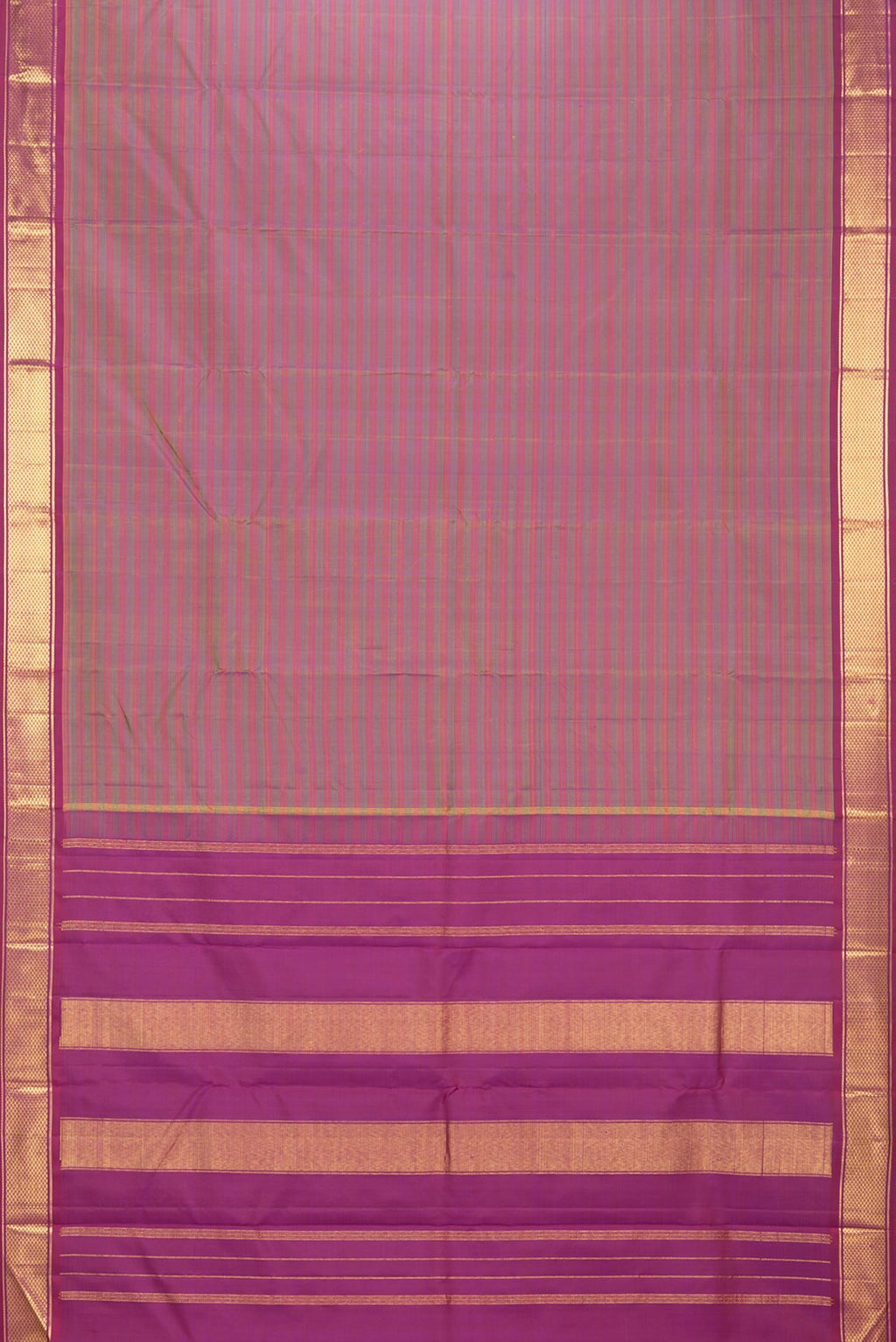 Flat view of Pure Silk Multi Color Kanchipuram Saree with Stripes on the body and Zari Border. 