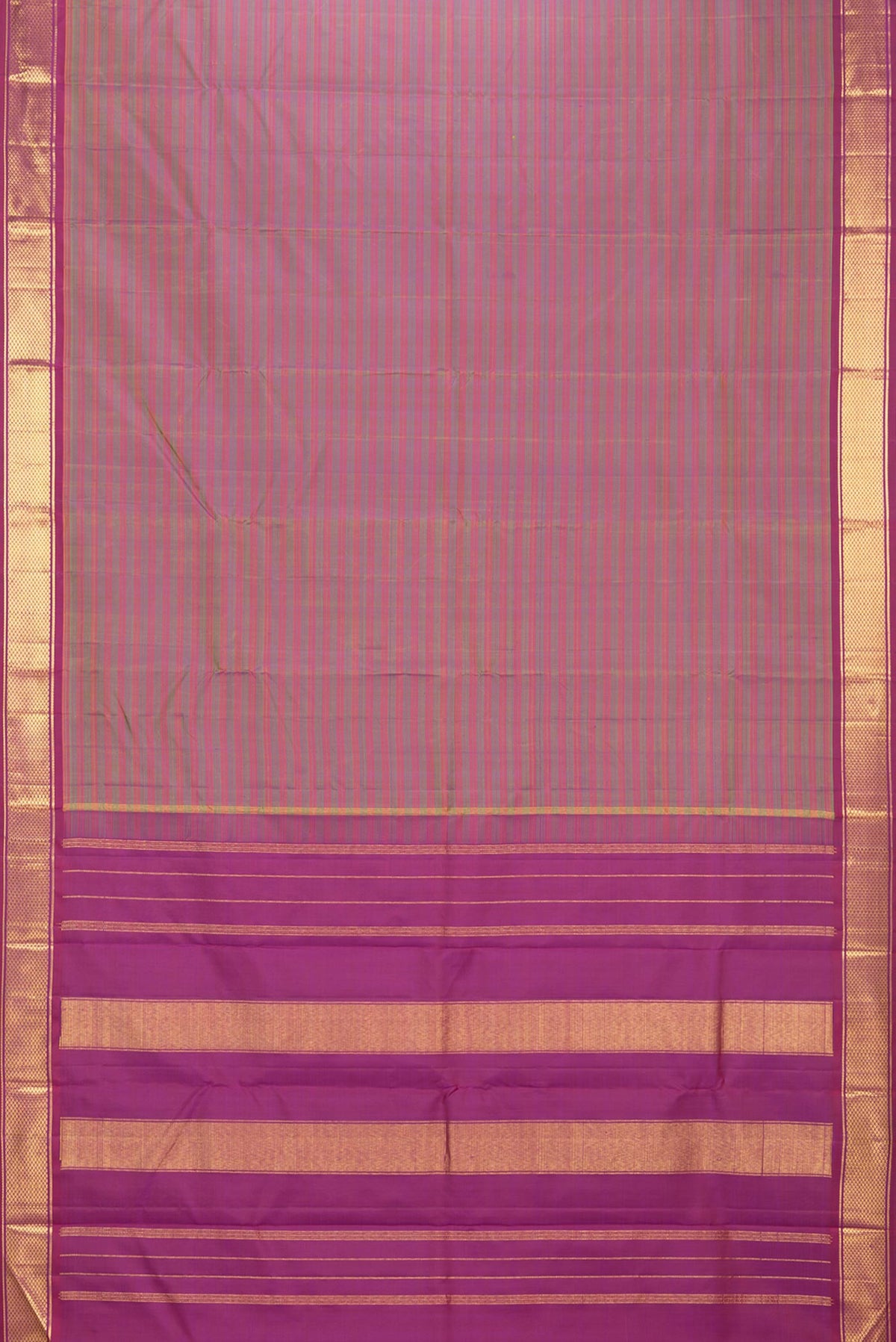 Flat view of Pure Silk Multi Color Kanchipuram Saree with Stripes on the body and Zari Border. 