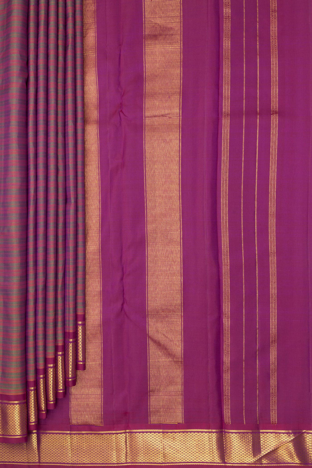 Pleats and pallu of Pure Silk Multi Color Kanchipuram Saree with Stripes on the body and Zari Border. 