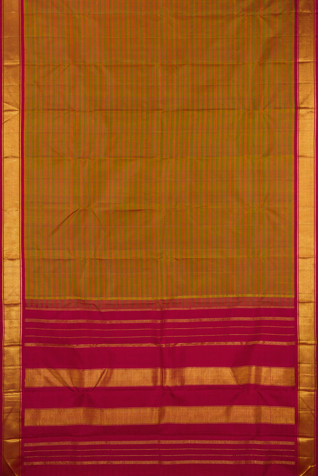 Flat view of Pure Silk Mehandi Green Dual Tone Kanchipuram Saree with Stripes on the body and Zari Border. 