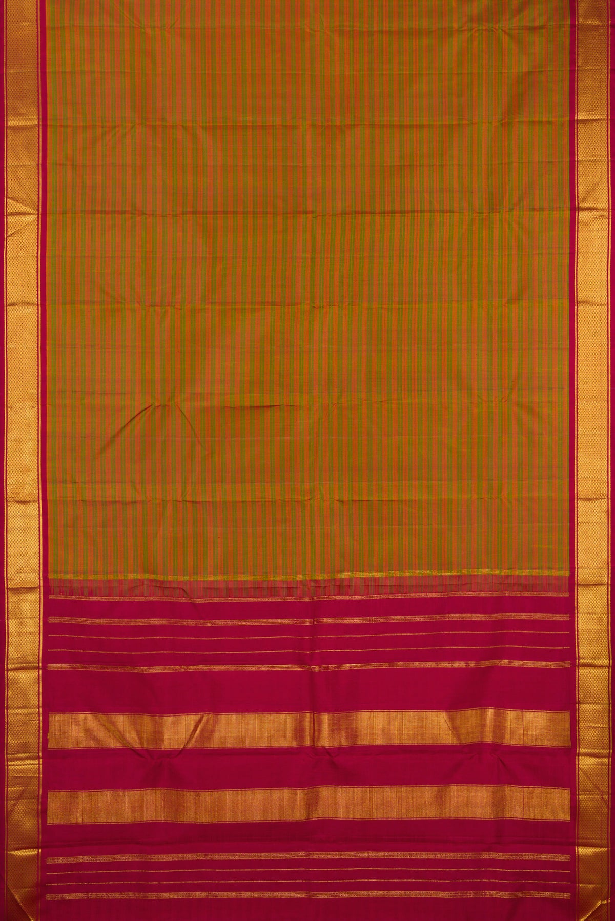 Flat view of Pure Silk Mehandi Green Dual Tone Kanchipuram Saree with Stripes on the body and Zari Border. 