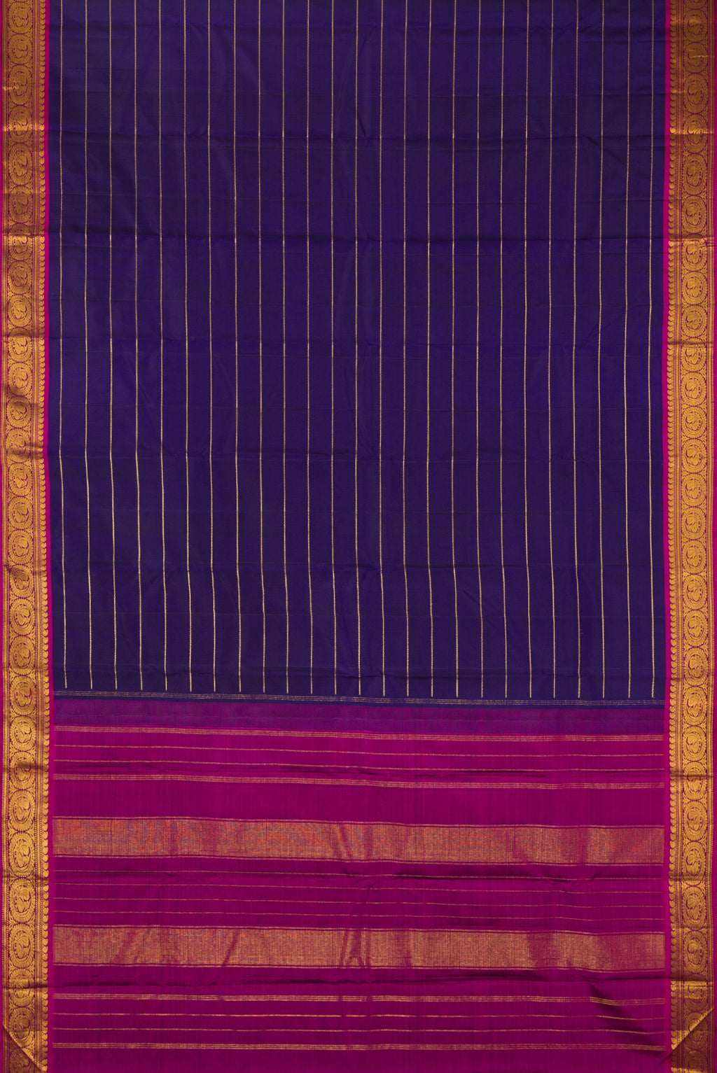 Flat view of Pure Silk Navy Blue Kanchipuram Saree with Veldhari on the body and Zari Border. 
