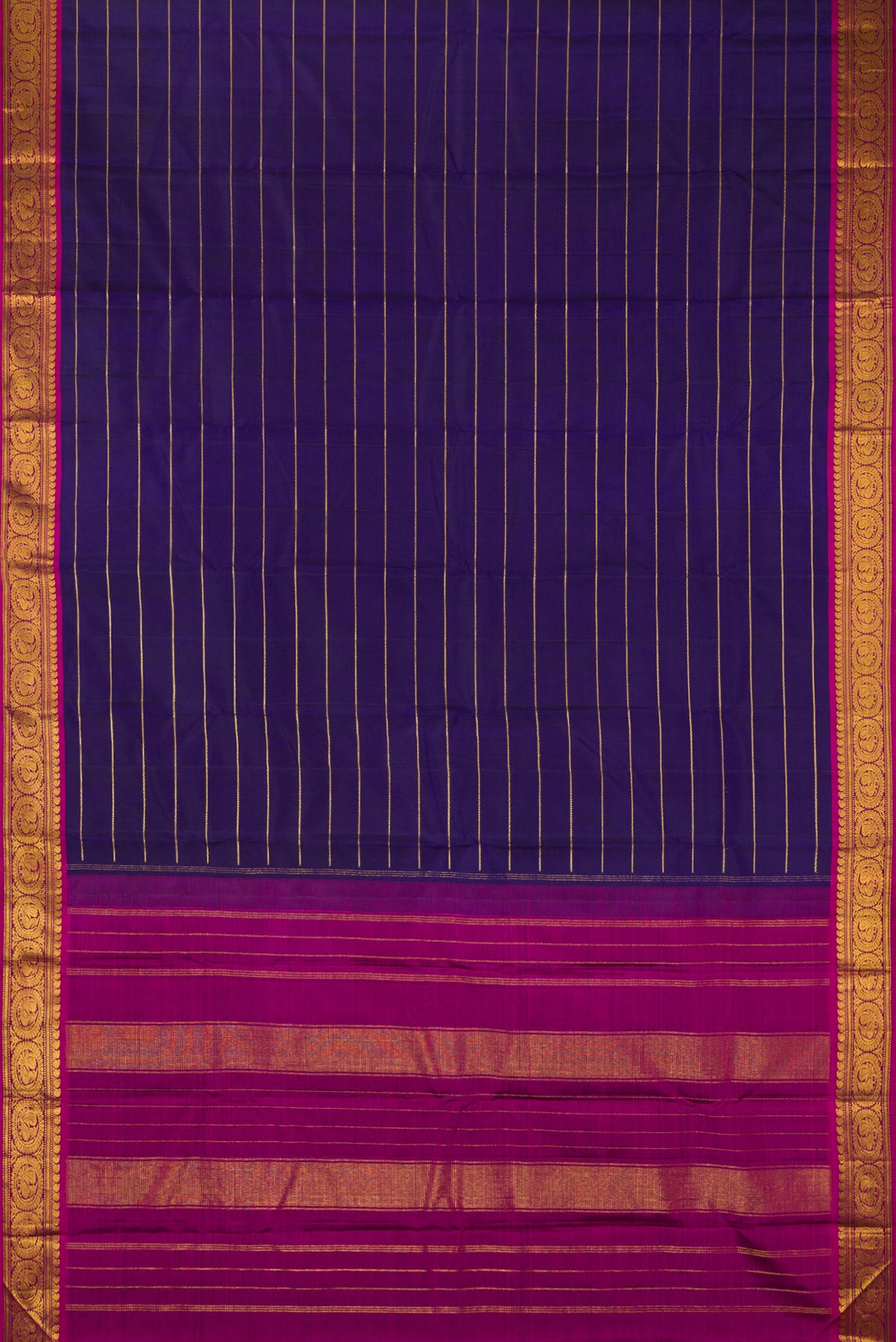 Flat view of Pure Silk Navy Blue Kanchipuram Saree with Veldhari on the body and Zari Border. 