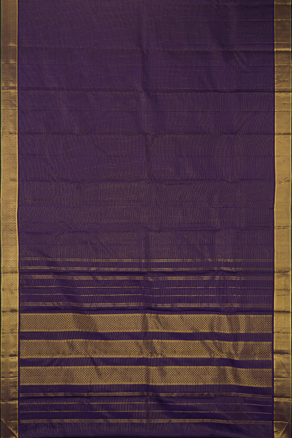 Flat view of Pure Silk Navy Blue Kanchipuram Saree with Checked design on the body and Zari Border. 