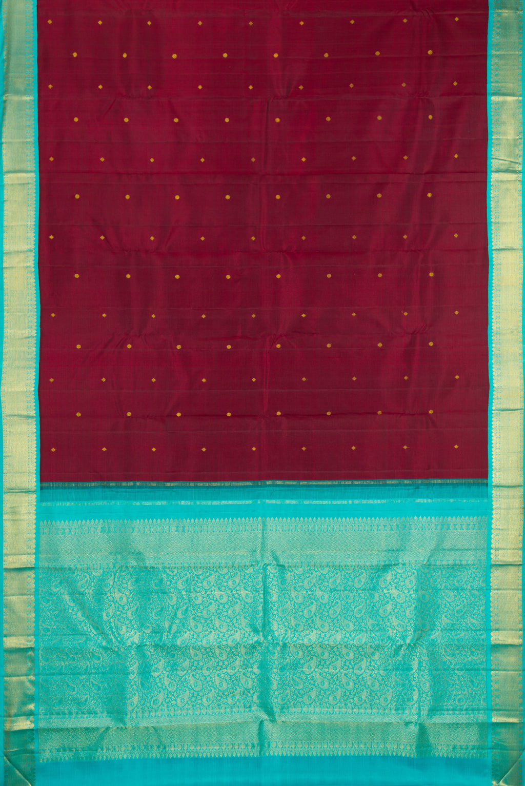 Flat view of Pure Silk Maroon Kanjivaram Saree with Zari Butta on the body and Zari Border. 