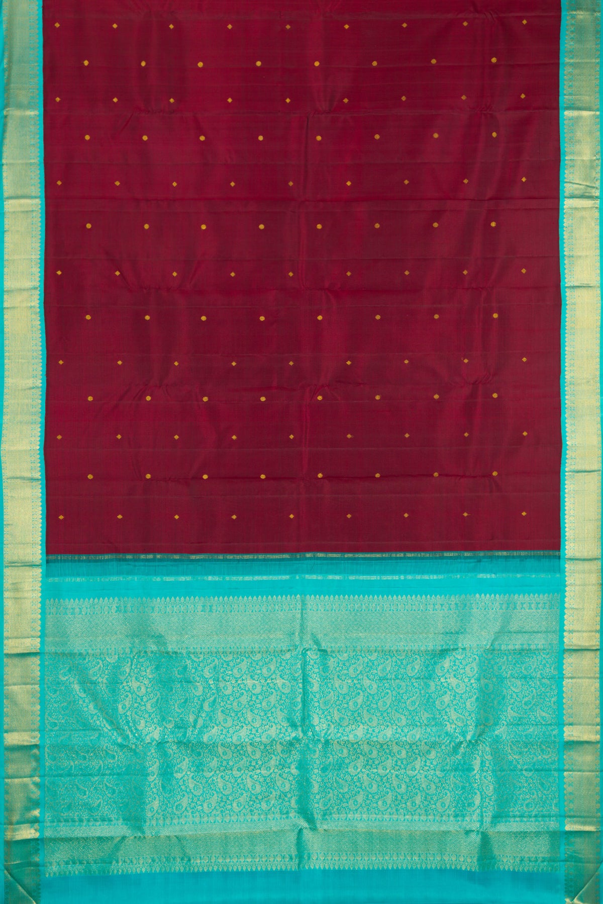 Flat view of Pure Silk Maroon Kanjivaram Saree with Zari Butta on the body and Zari Border. 