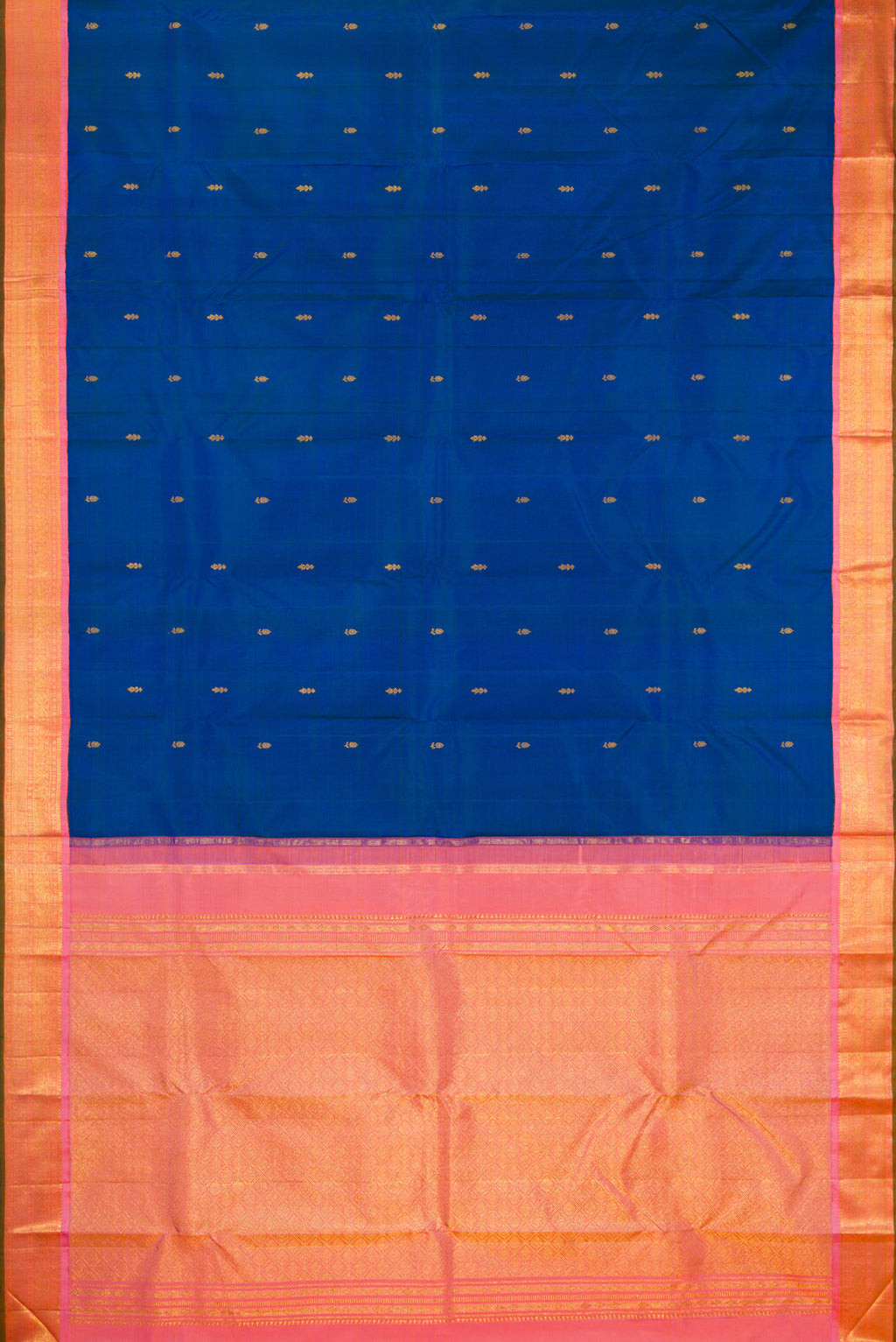 Flat view of Pure Silk Peacock Blue Dual Tone Kanjivaram Saree with Zari Butta on the body and Zari Border. 
