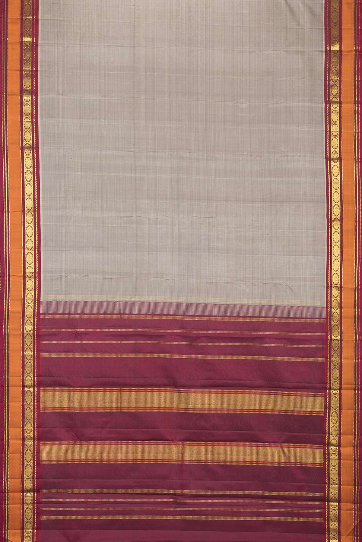 Flat view of Pure Silk Grey Kanchipuram Saree with Plain Body and Zari Border. 