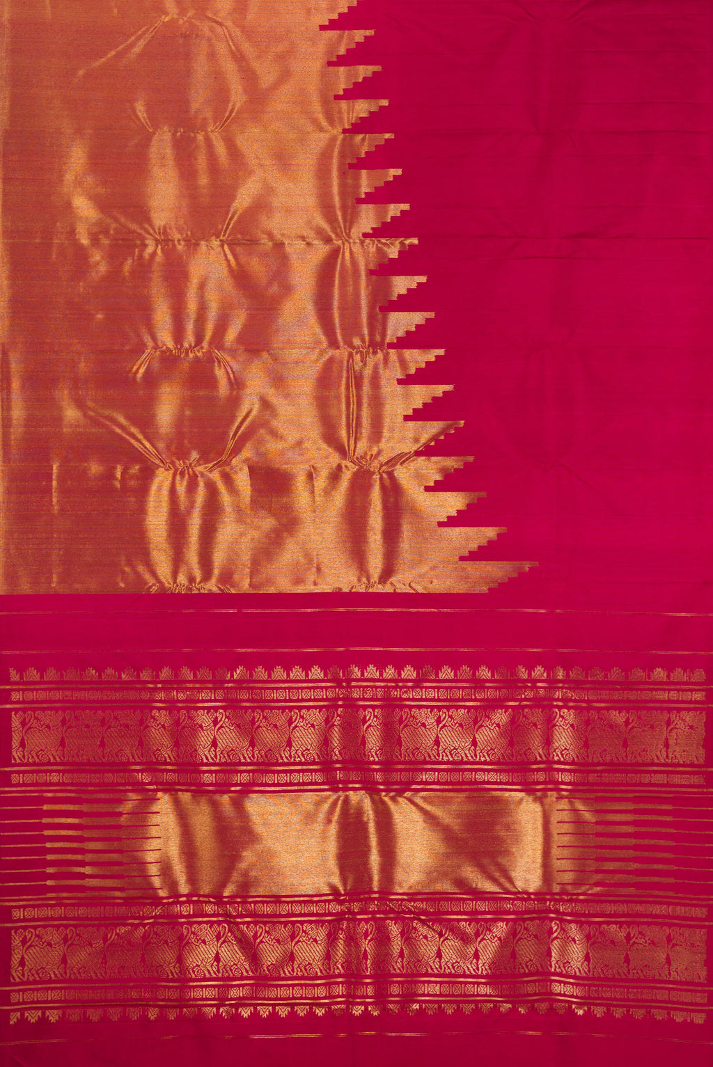 Flat view of Pure Silk Pure Zari Maroon Kanjivaram Saree with Plain Body and Rising Temple Border. 