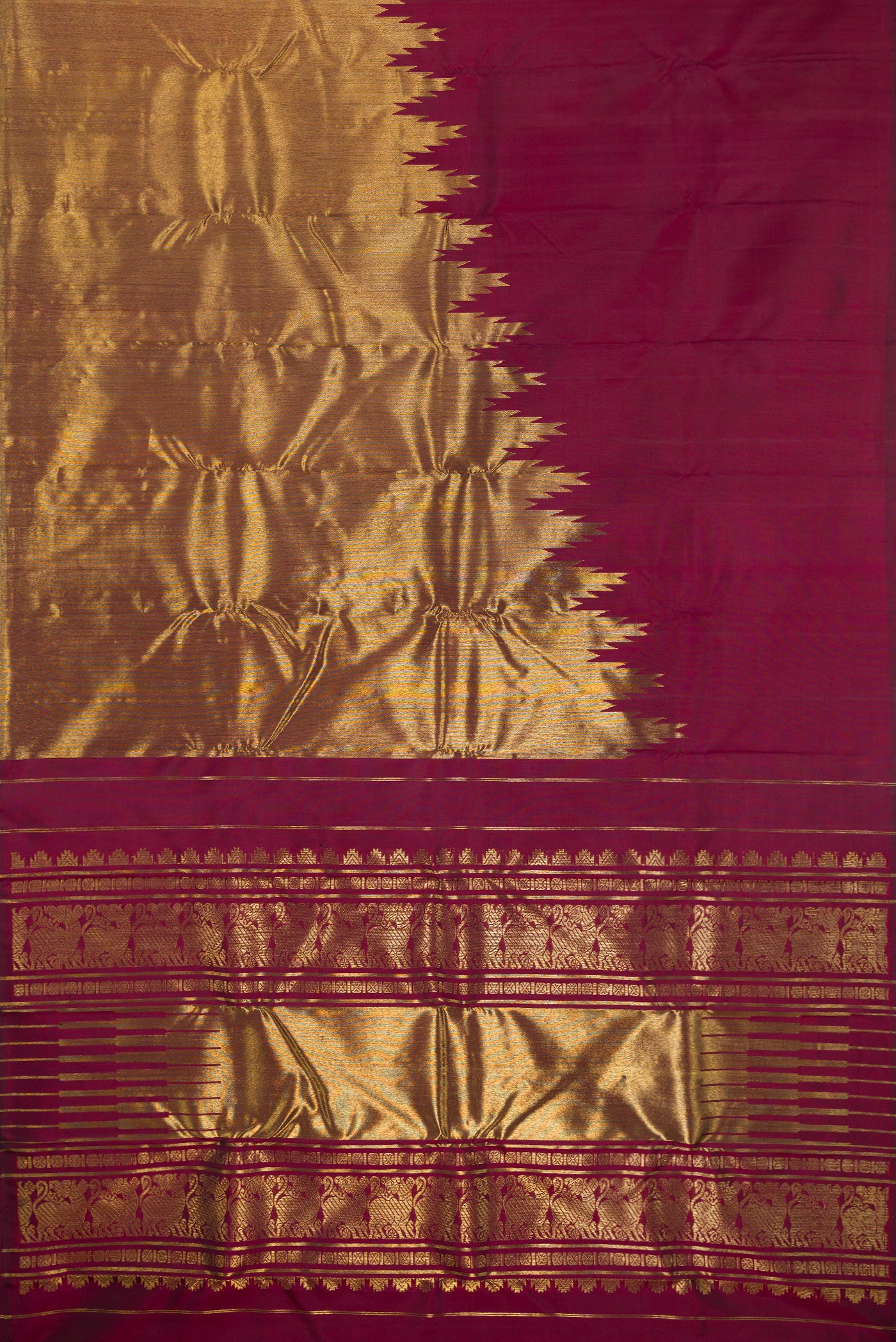 Flat view of Pure Silk Pure Zari Maroon Kanjivaram Saree with Plain Body and Rising Temple Border. 
