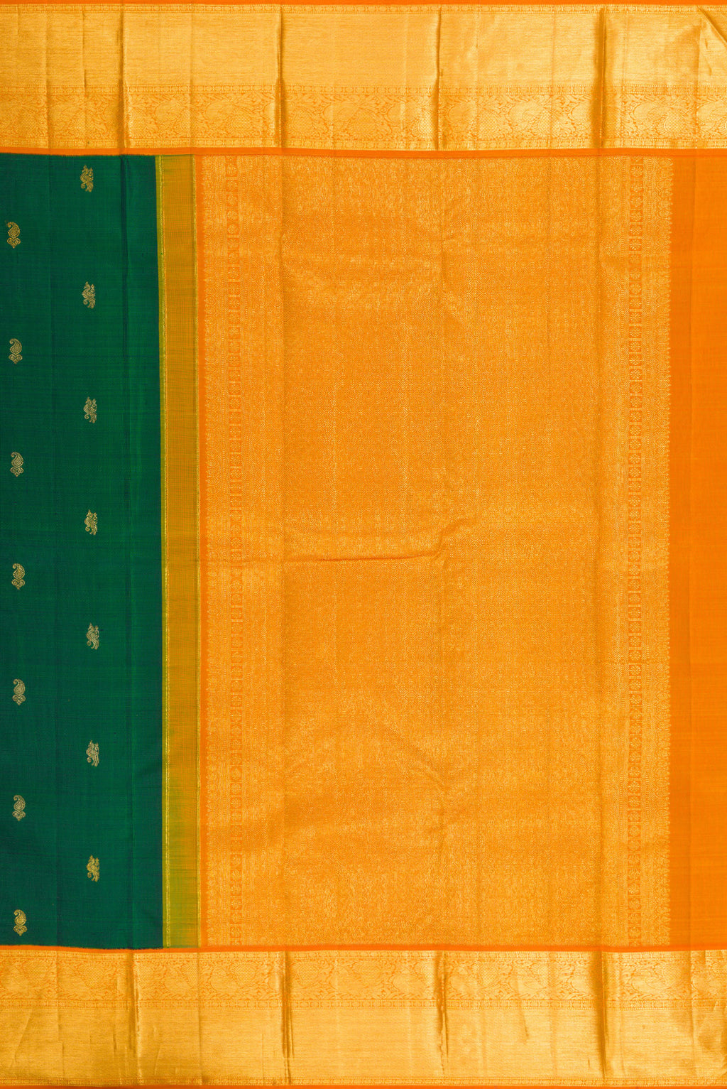 Close up image of the pallu of Pure Silk Pure Zari Green Dual Tone Kanjivaram Saree with Zari Butta on the body and Zari Border. 