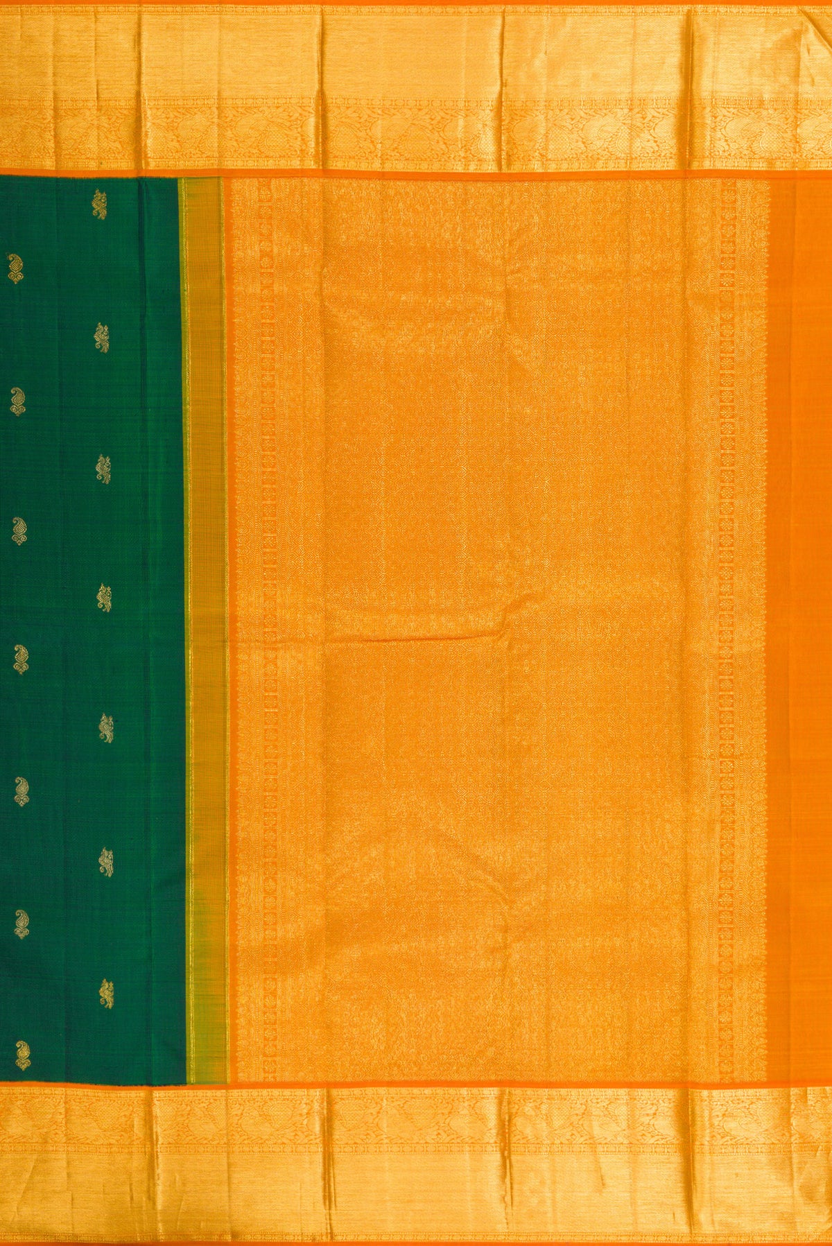 Close up image of the pallu of Pure Silk Pure Zari Green Dual Tone Kanjivaram Saree with Zari Butta on the body and Zari Border. 