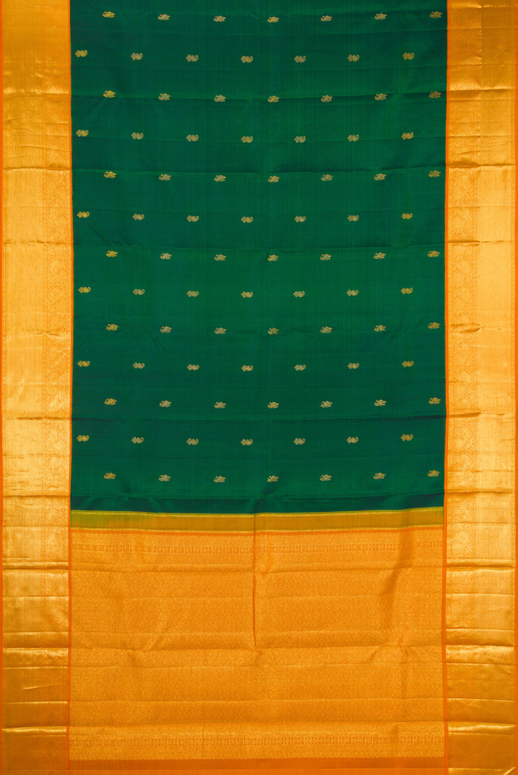 Flat view of Pure Silk Pure Zari Green Dual Tone Kanjivaram Saree with Zari Butta on the body and Zari Border. 