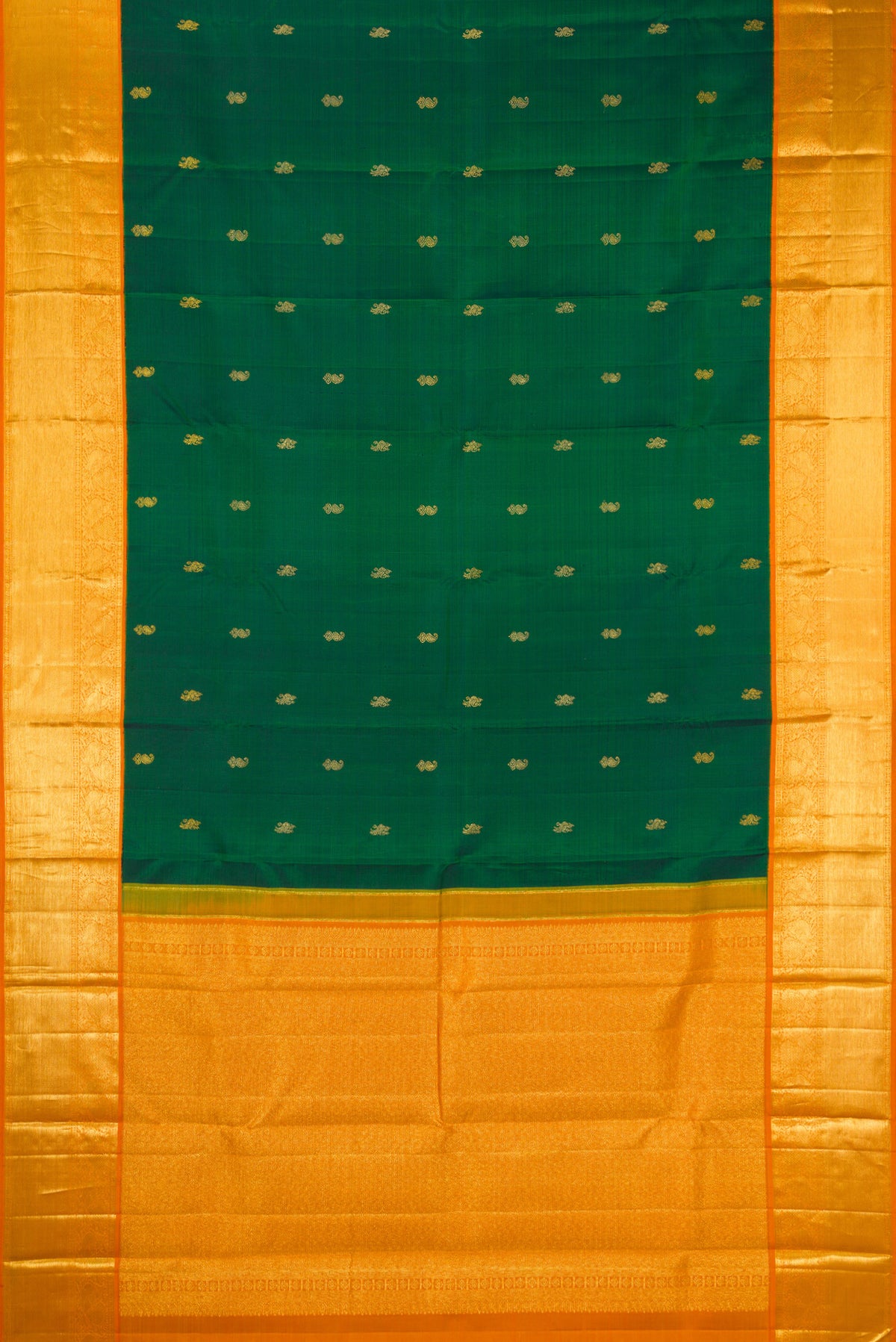 Flat view of Pure Silk Pure Zari Green Dual Tone Kanjivaram Saree with Zari Butta on the body and Zari Border. 