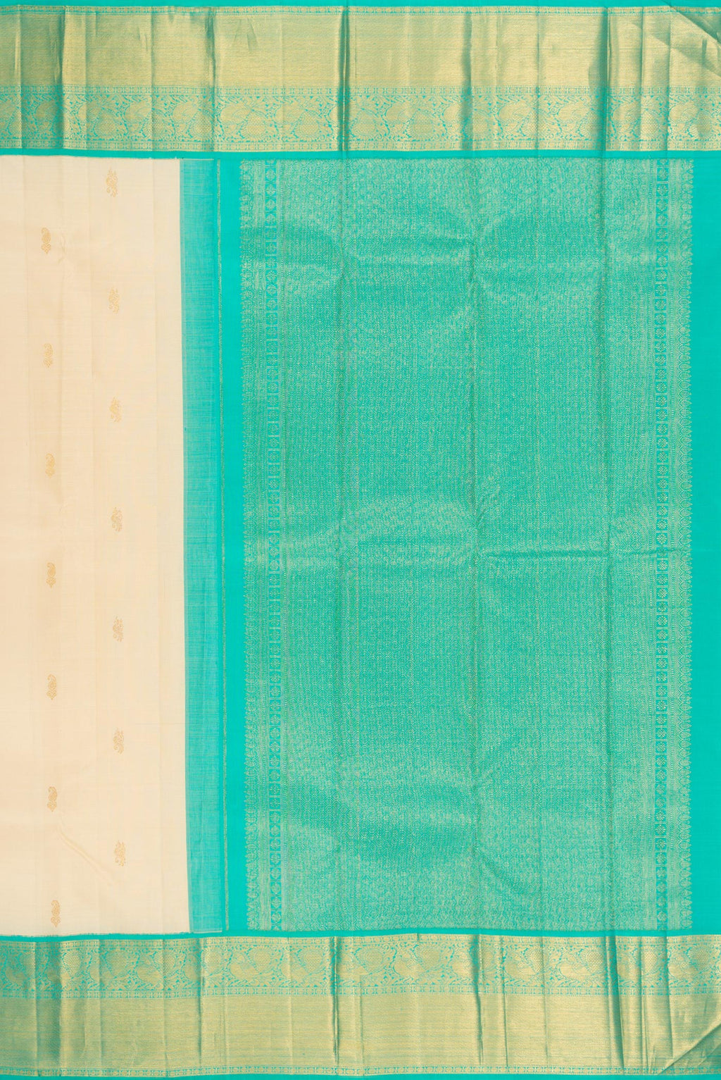 Close up image of the pallu of Pure Silk Sandal Kanjivaram Saree with Zari Butta on the body and Zari Border. 