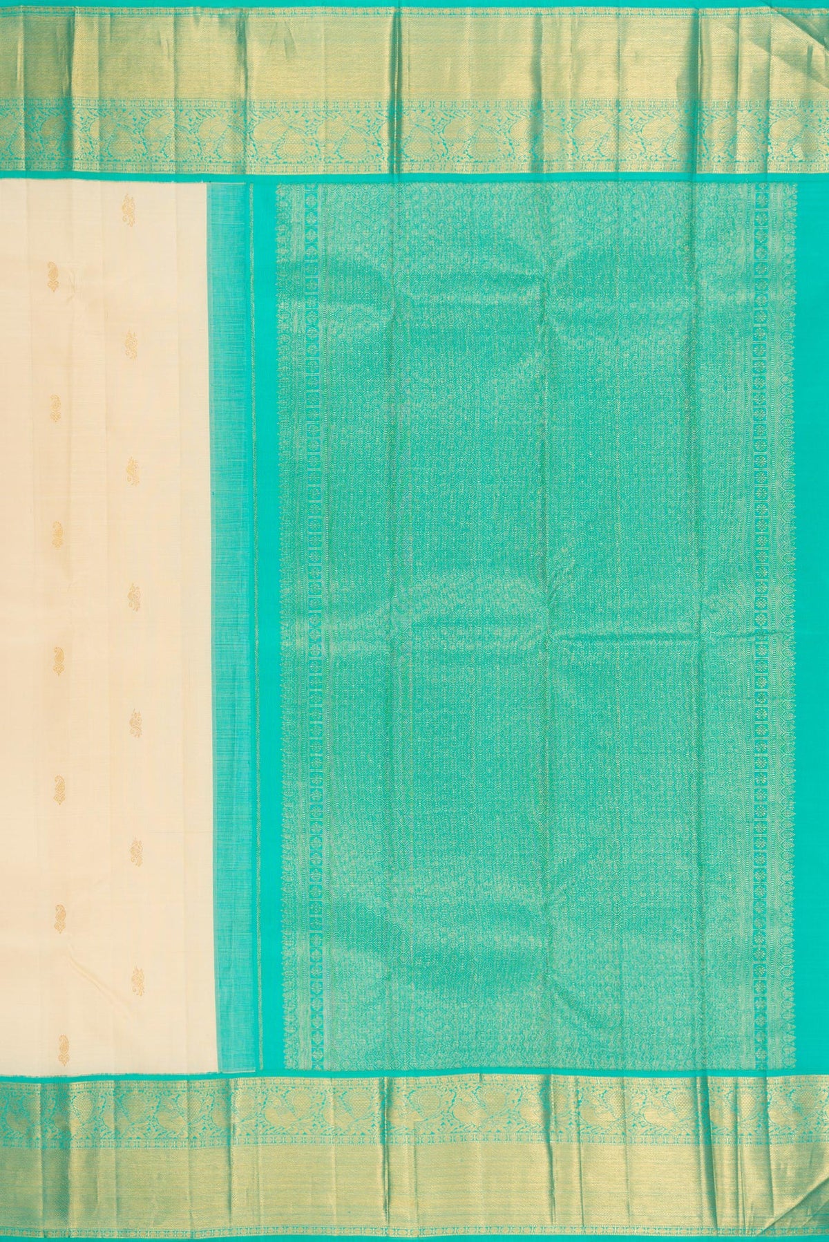 Close up image of the pallu of Pure Silk Sandal Kanjivaram Saree with Zari Butta on the body and Zari Border. 
