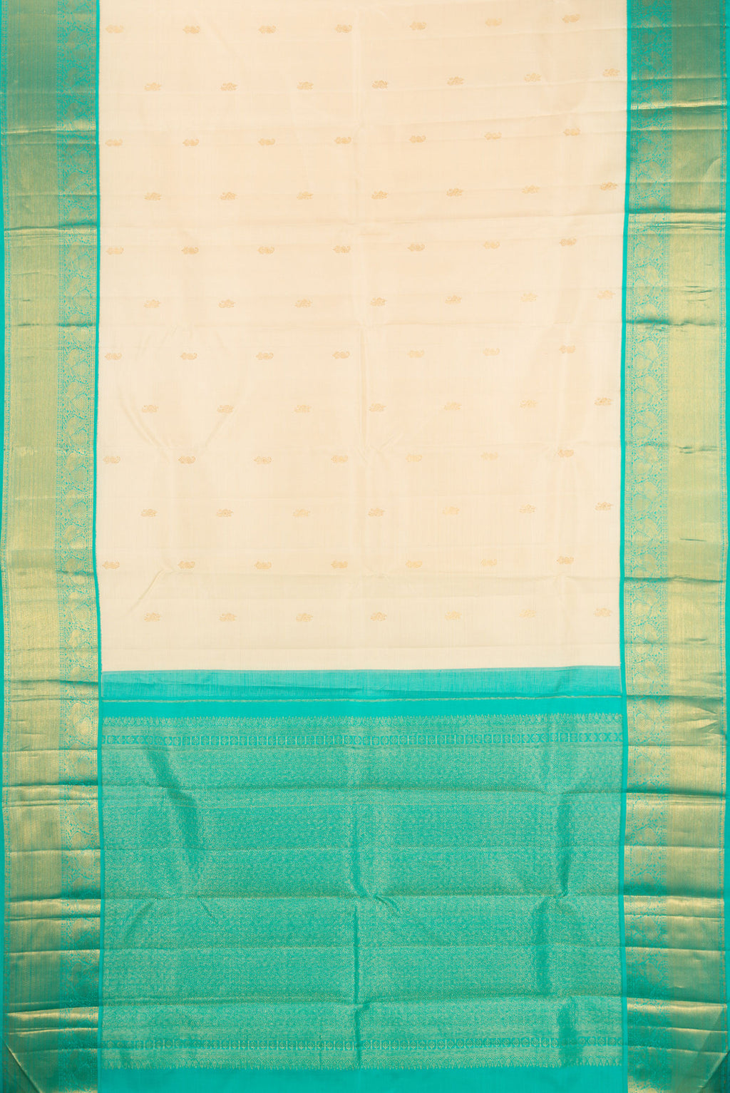 Flat view of Pure Silk Sandal Kanjivaram Saree with Zari Butta on the body and Zari Border. 