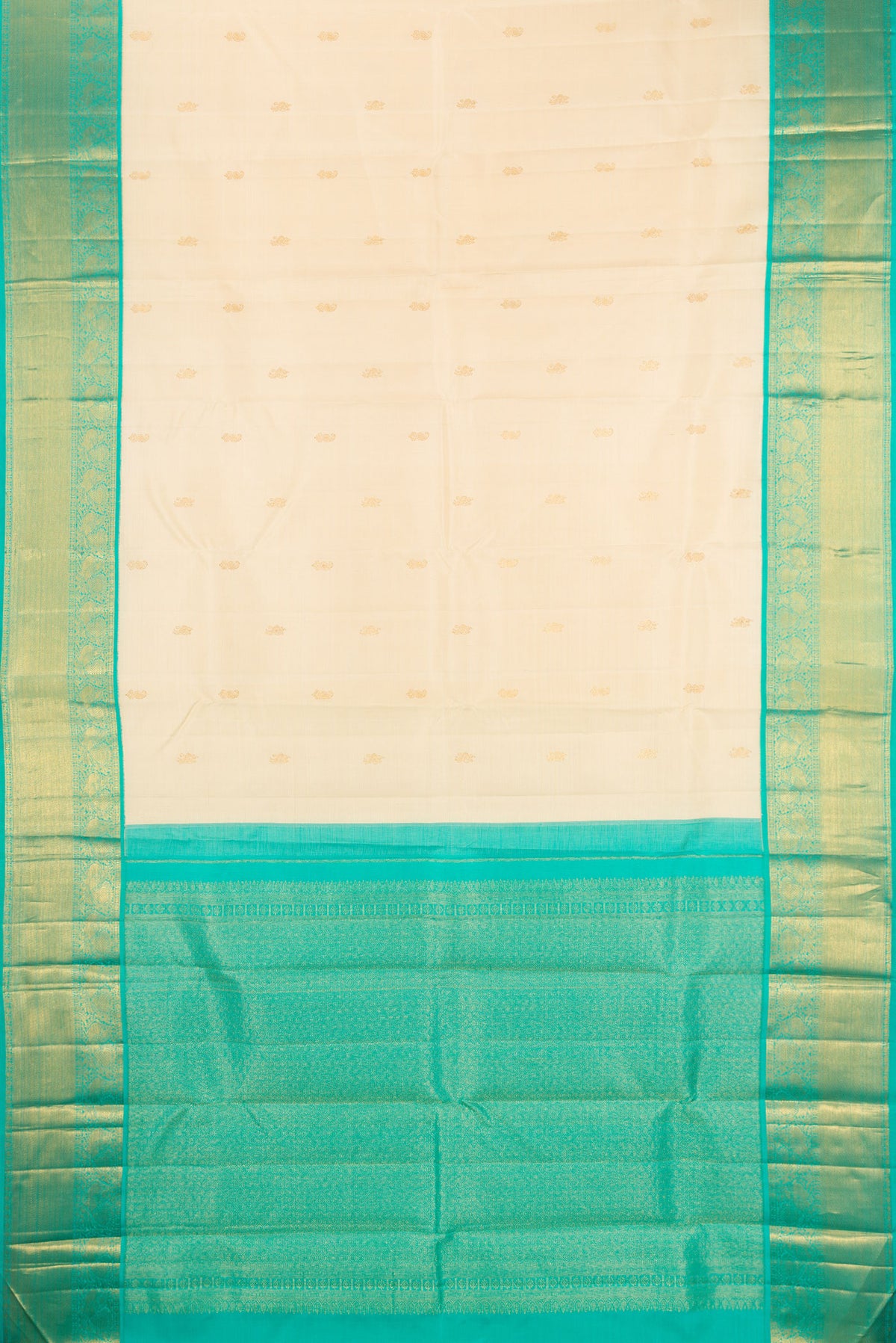 Flat view of Pure Silk Sandal Kanjivaram Saree with Zari Butta on the body and Zari Border. 