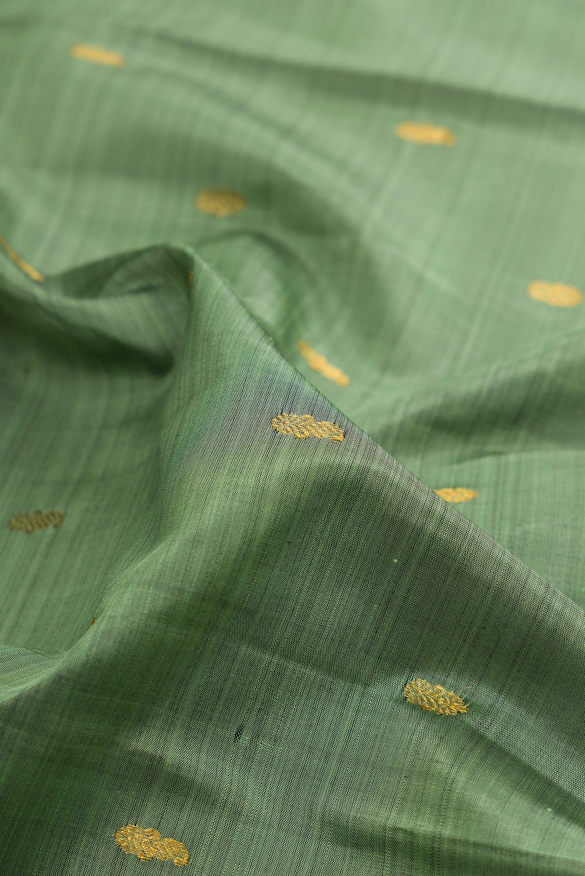 Close up of Pure Silk Sage Green Kanchipuram Saree with Zari Butta on the body and Zari Border.  displaying folds