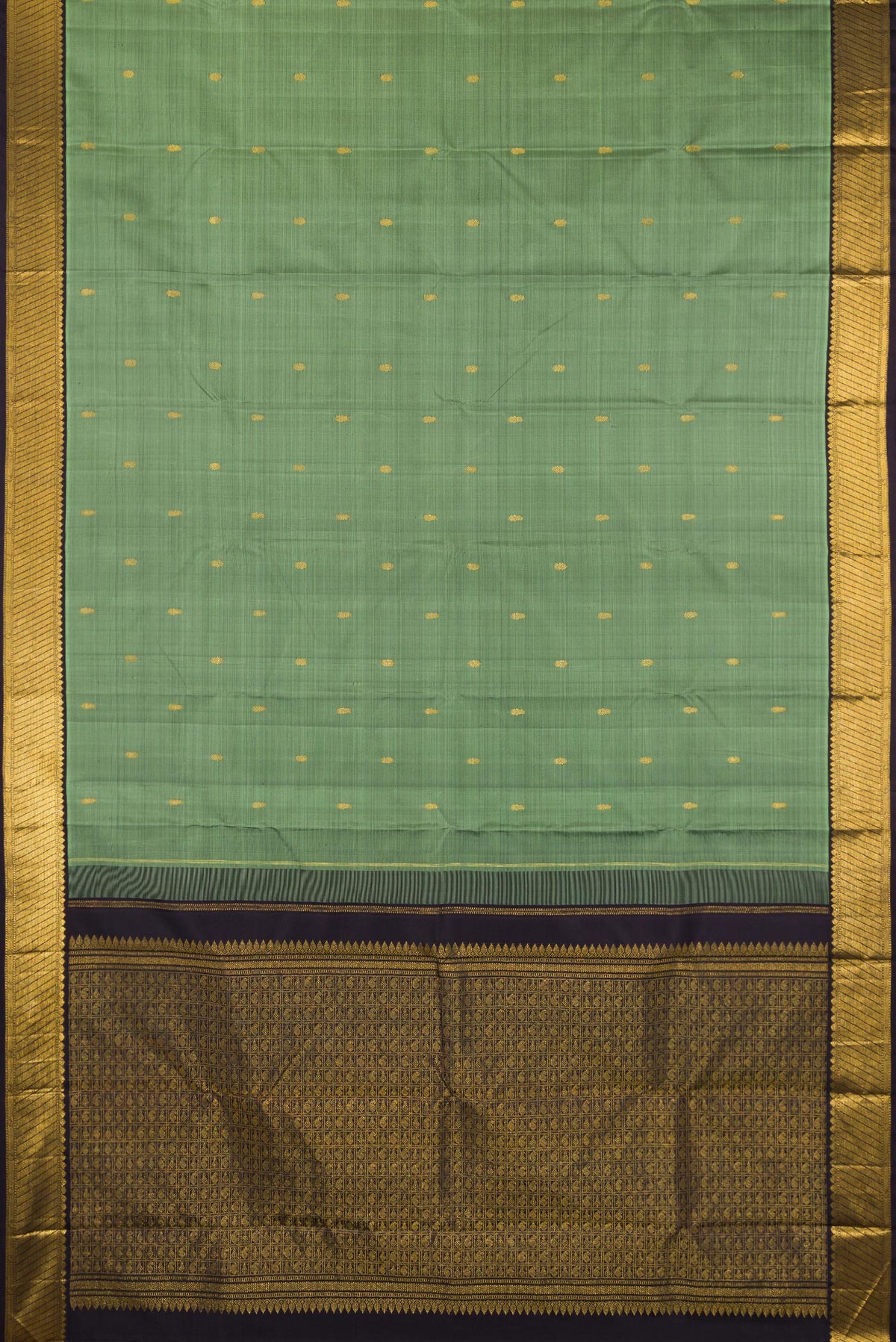 Flat view of Pure Silk Sage Green Kanchipuram Saree with Zari Butta on the body and Zari Border. 