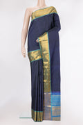 Pure Silk Navy Blue Dual Tone Kanjivaram Saree with Checked design on the body and Zari Border.  displayed on a mannequin